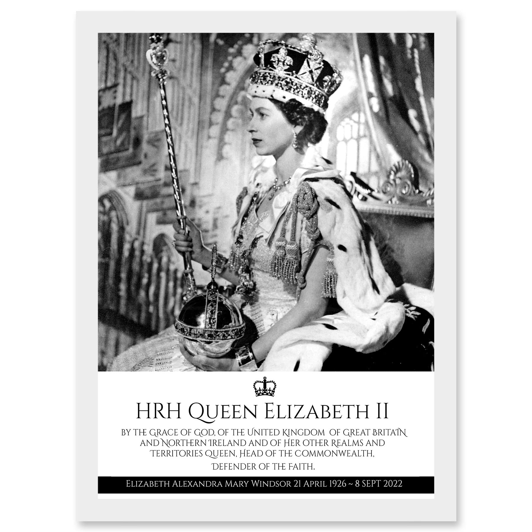 Artery8 HRH Queen Elizabeth II Coronation Portrait Commemorative Artwork Framed Wall Art Print A4