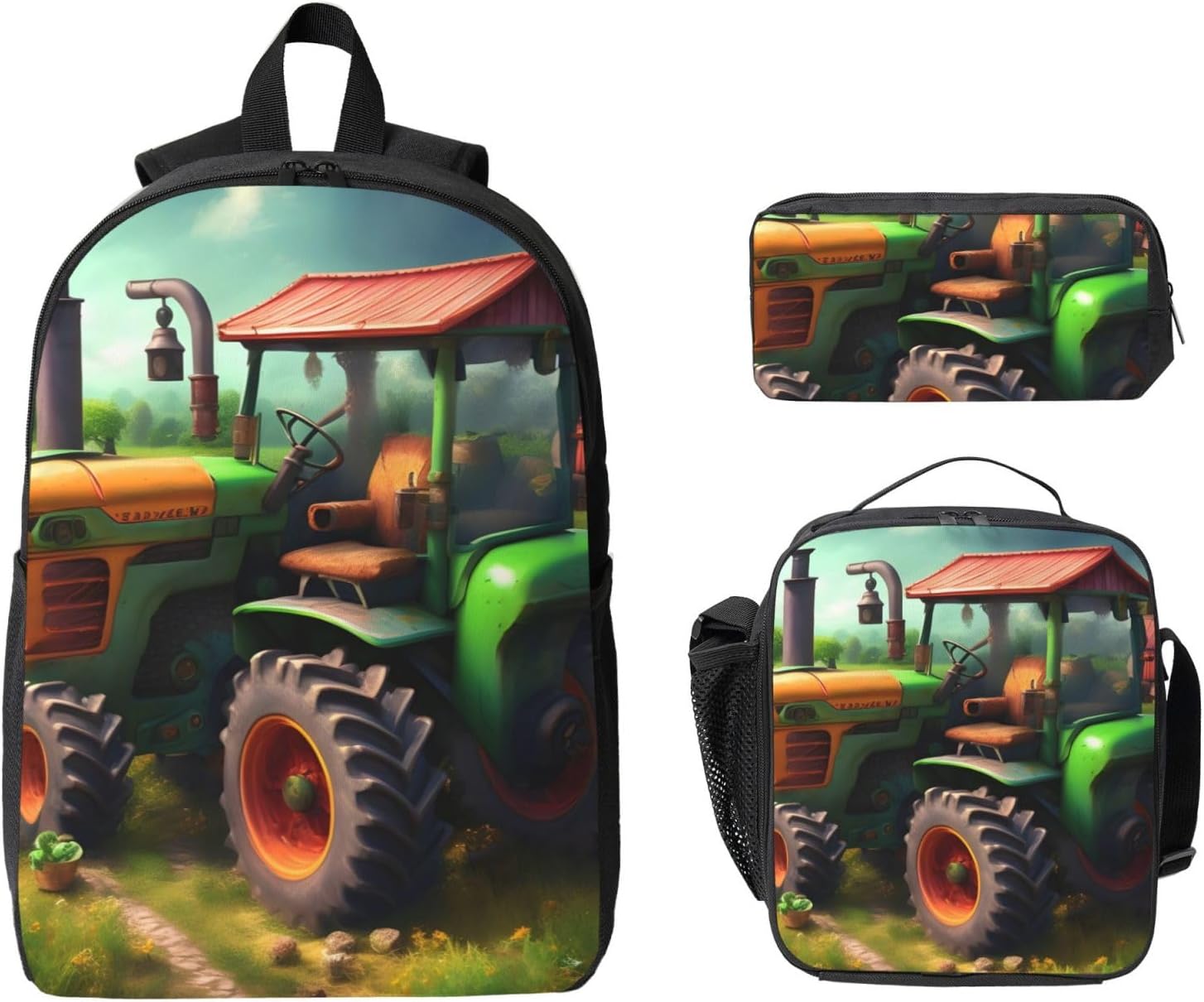 Fantasy Farm Tractor print 3 Piece Backpack Bags with Lunch Box Pencil Case Set for Travel Work Camping Unisex