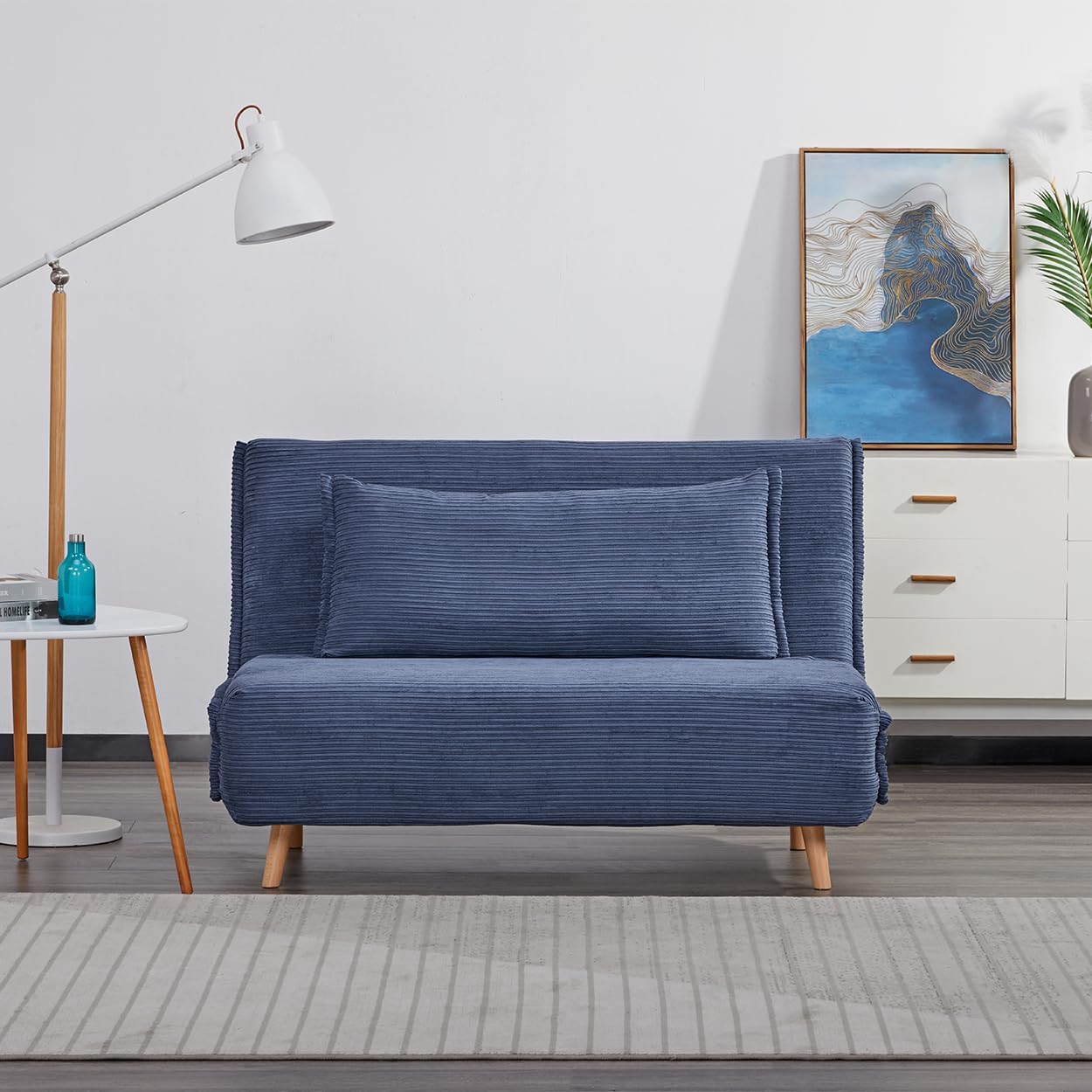 EVERGREENWEB Convertible Armchair Bed | Armchair Bed with Double Mattress, Padded Cushion, Click Clack Sofa with Adjustable Backrest 2 Seater Wooden Legs | Blue | Velvet 120