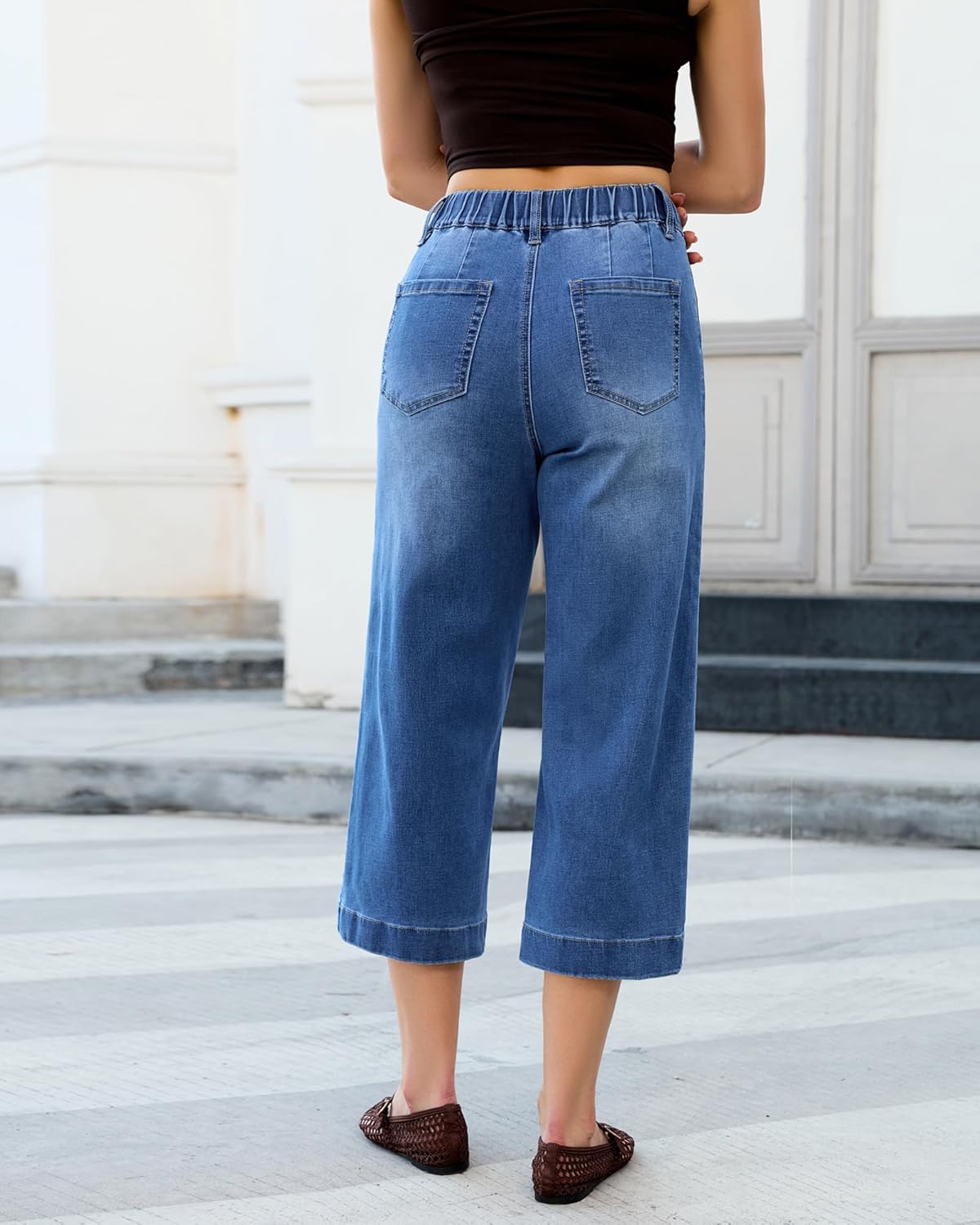 GRAPENT Capris Jeans for Women Trendy Wide Leg Capri Pants High Waisted Pull On Elastic Waist Summer Stretch Denim Jeans - Image 2