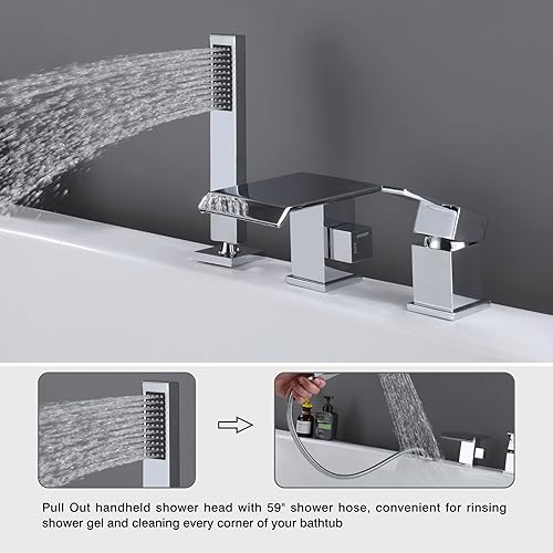 Miniatura 62 de TapLong Grifo de llenado de bañera en cascada con ducha de mano, juego de grifo de bañera romano generalizado, montaje en cubierta, 3 agujeros, Oro