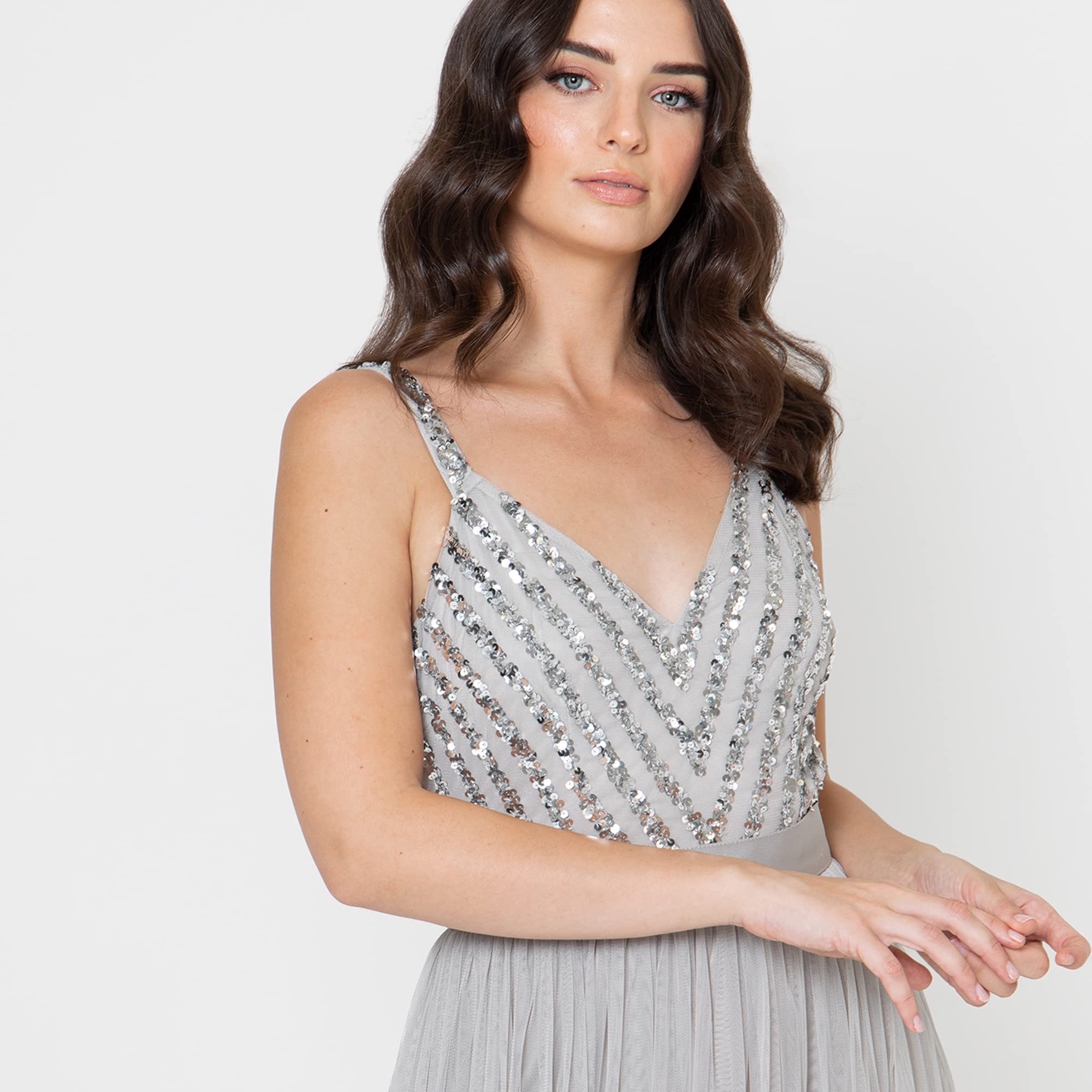 Maya Deluxe Maya Sleeveless Stripe Embellished Maxi Dress Vestito per Il Ballo di fine Anno Donna