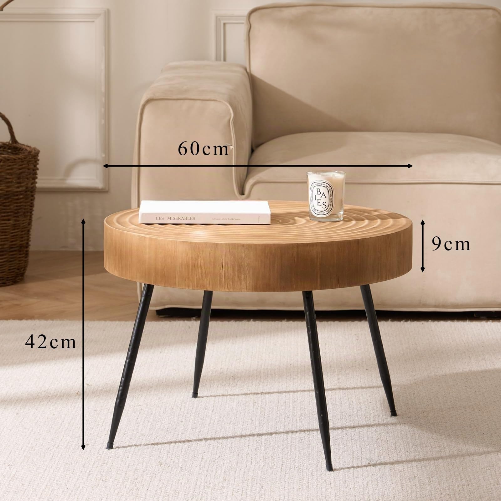 Mesa auxiliar redonda, mesa auxiliar de madera, forma de rueda anual, diámetro 60 x 42 cm, mesa de café con patas de metal negro, mesa auxiliar grande redonda en el salón, color marrón claro