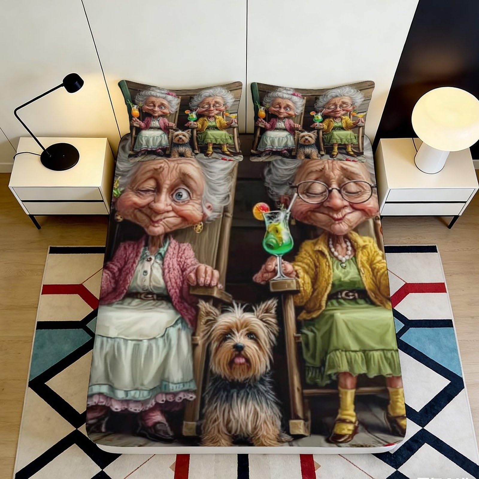 3D Printed Cartoon Elderly Dog Fitted Sheet Microfiber Deep Pocket Non-Slip Bedroom Bedding Cartoon Mattress Fitted Cover for Adults 90x200x25cm