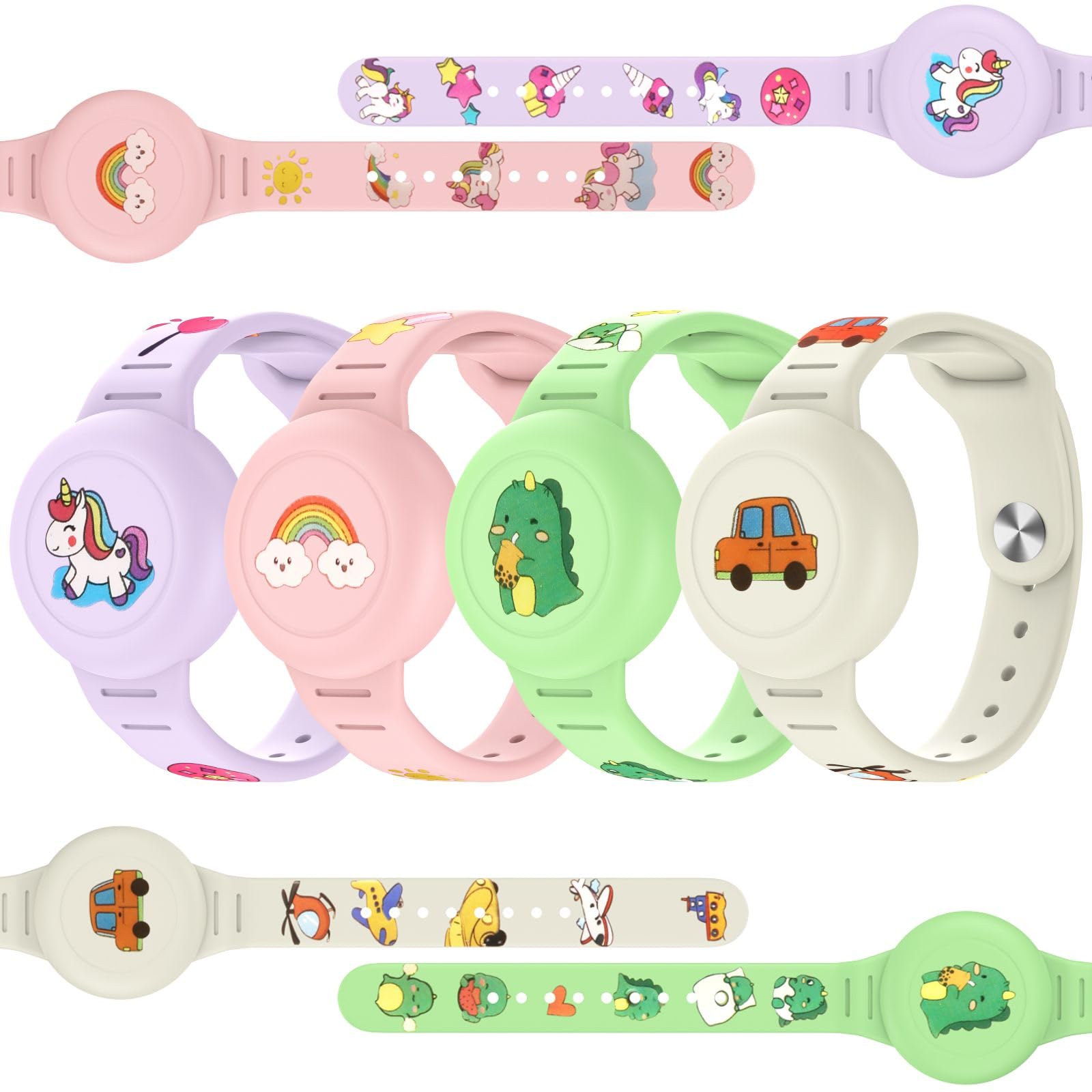 ESeekGo Compatible for AirTag Waterproof Bracelets for Kids-4 Pack Full Coverage Wristbands | Hidden Cover Holder | Cute Cartoon Design | Lightweight GPS Tracker Cover | Child Safety Bands, NO Tracker