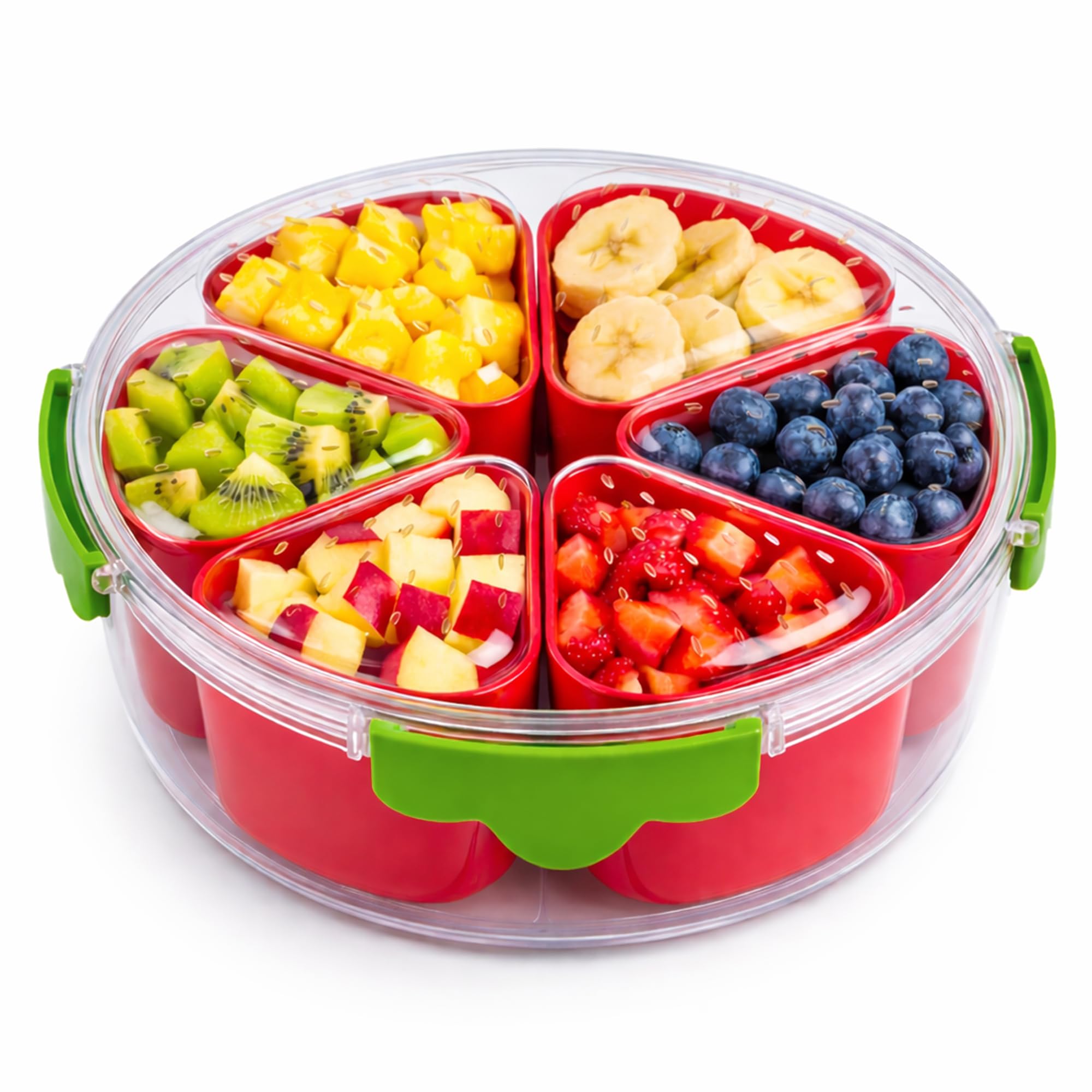 divided serving tray with lid,stackable snackle box container for fruits candy organizer, portable rounded veggie tray for kitchen, party, trave and picnic