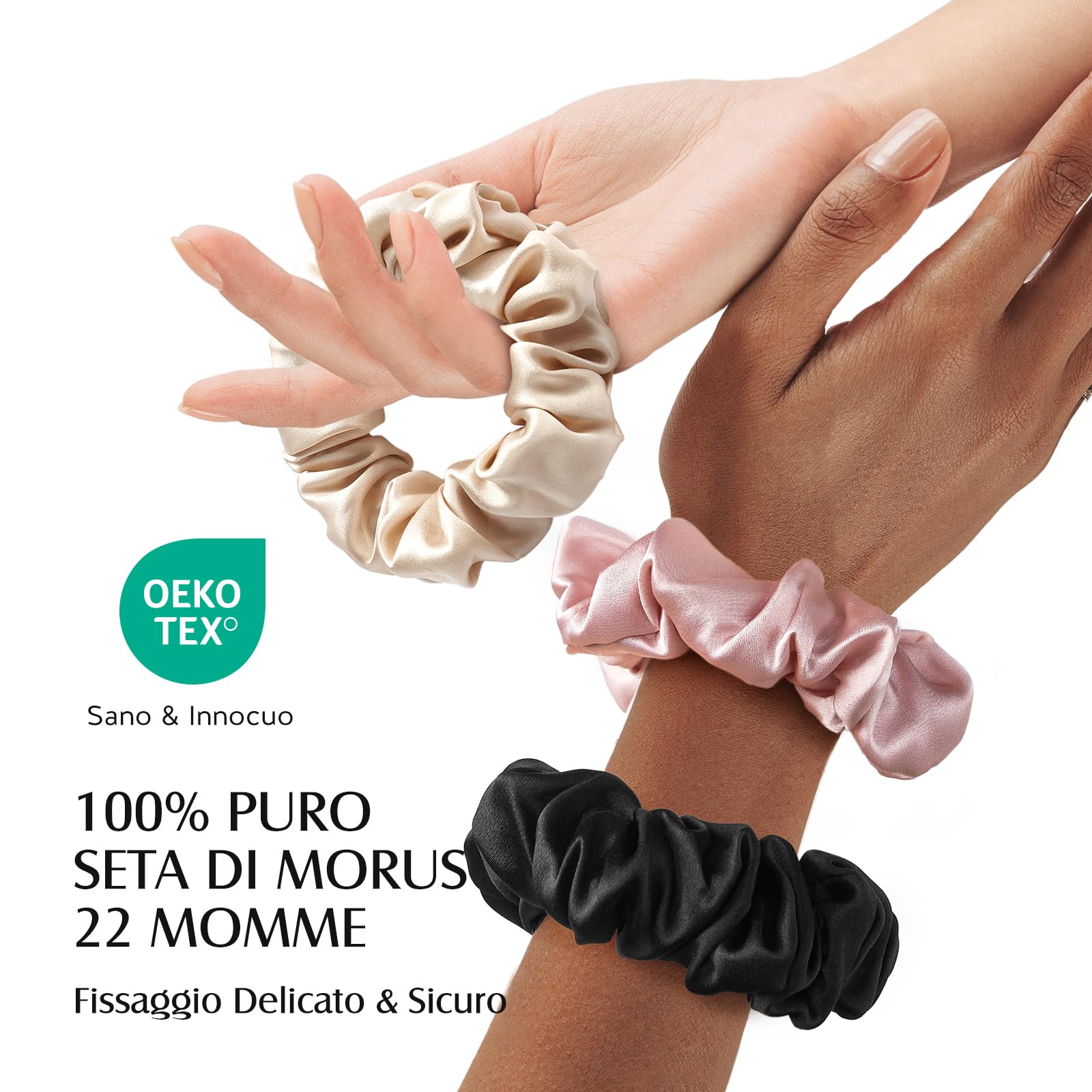 Umisleep Set di 3 scrunchies in seta al 100% per donne, morbidi elastici per capelli per meno crespi e rottura, elastici per capelli senza impronte (rosa+nero+champagne)