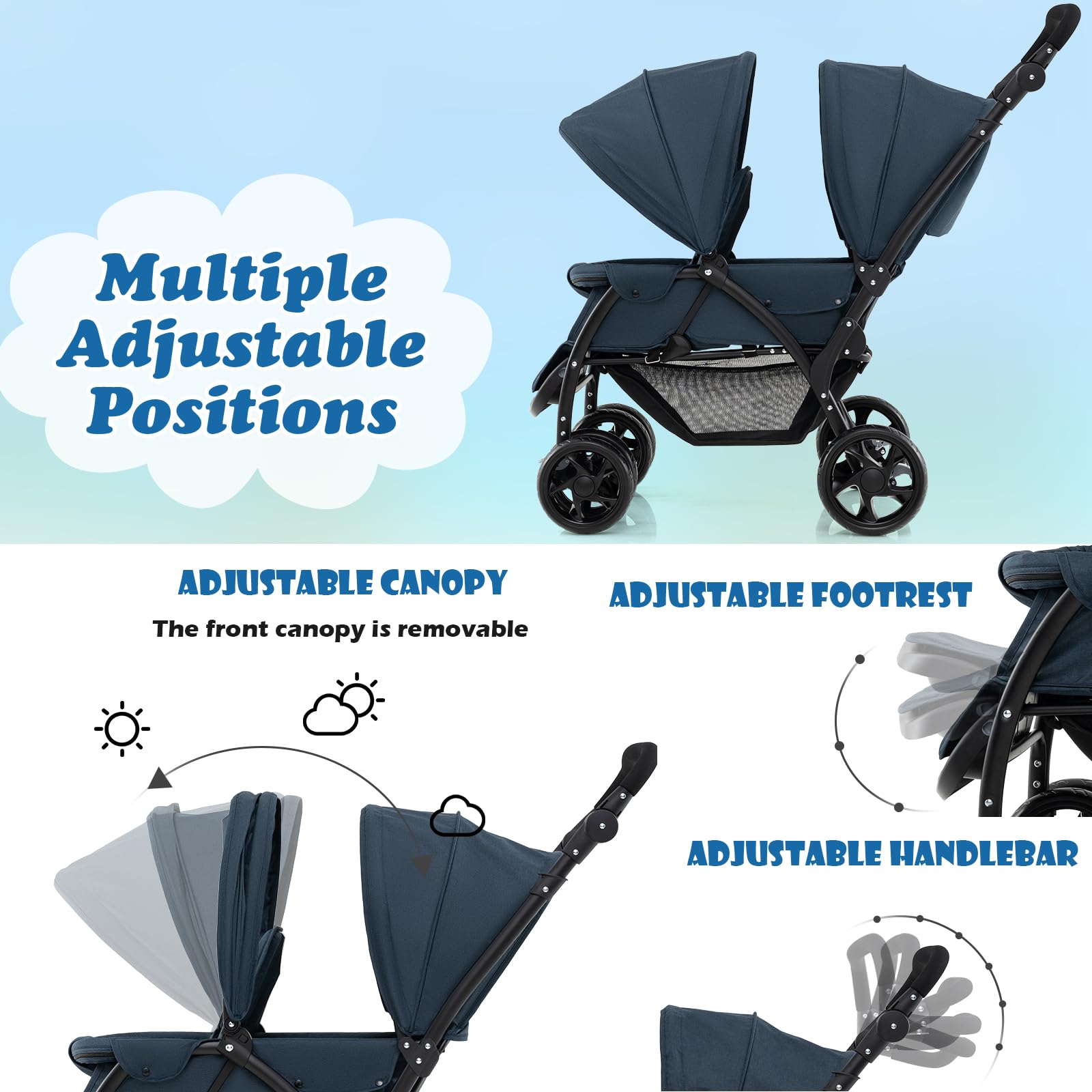 LIFEZEAL Carrito Gemelar, Silla de Paseo Doble Plegable para Gemelos, Cochecito de Viaje de 2 Plazas para Bebé con Ajuste de 3 Posiciones, Capacidad de carga 15+15 KG (Azul)