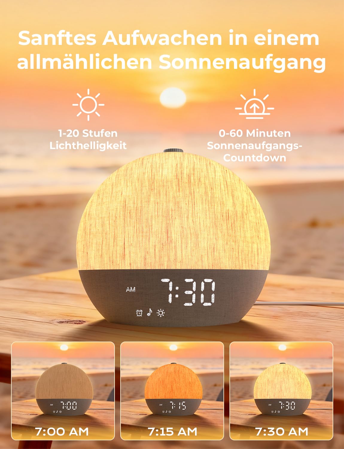 LIORQUE Tageslichtwecker, Sonnenaufgang Simulation, Bluetooth, Stoffdesign