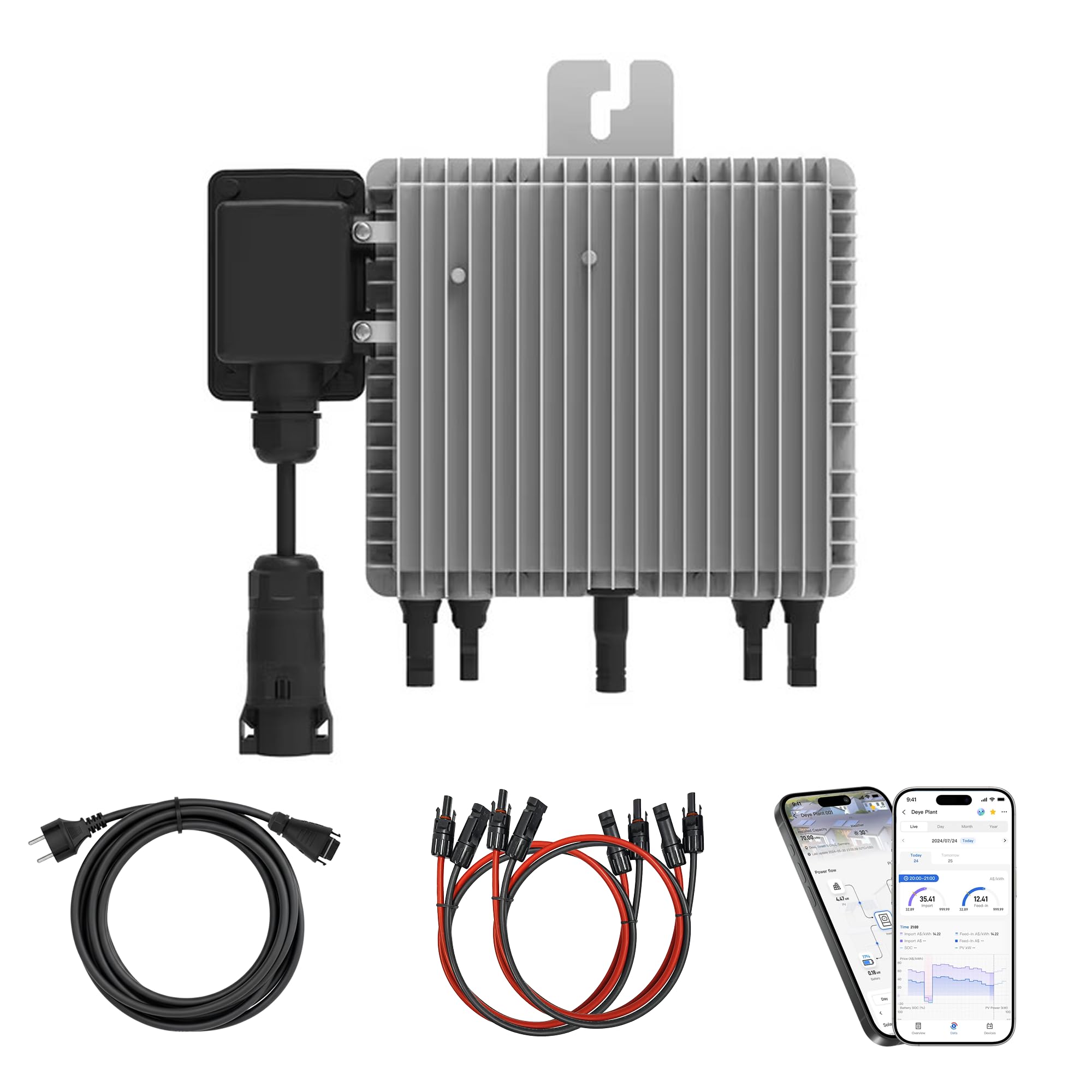 DEYE Mikro-Wechselrichter 800 W SUN-M80G4-EU-Q0 inkl. 5m Anschlusskabel und 4x1m Solarkabel für Balkonkraftwerk, IP67 wetterfest, Plug&Play Installation, 2 MPPT, WiFi, Micro Inverter