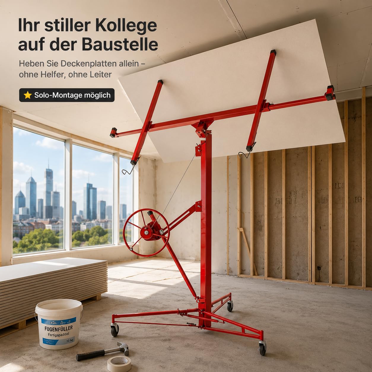 Gipskartonheber Teleskop, Plattenheber höhenverstellbar 140-350cm, 60° neigbar, bis 68kg/150lbs, 3 Lenkrollen, Deckenlift für Trockenbau, Rot