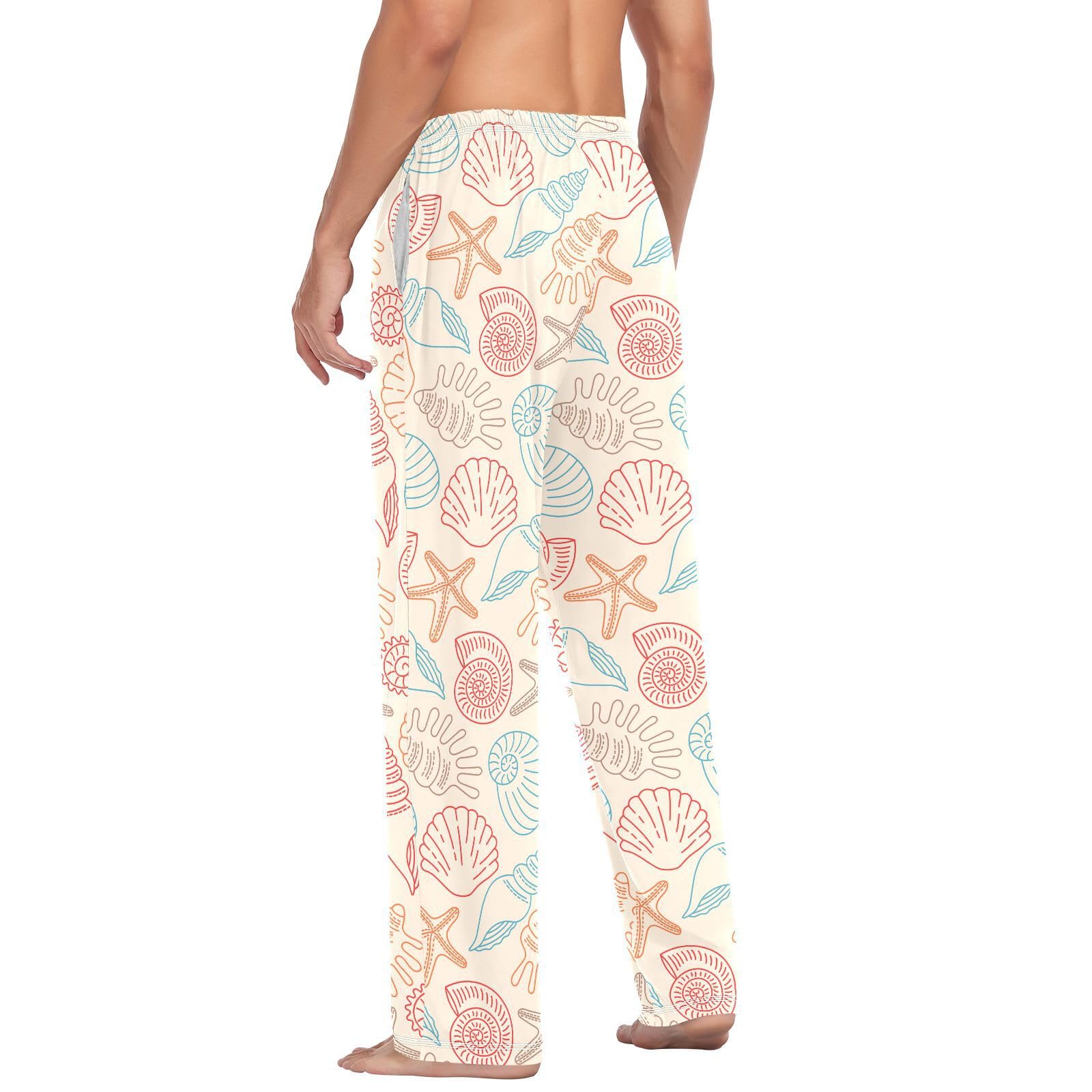 Pyjamahose für Herren, Motiv: Doodle Seashells, Sea Life Herren-Pyjamahose, 100 % Baumwolle, Schlafhose, gerade Passform, Pyjamahose mit Taschen, Kordelzug, Größe L, mehrfarbig, L