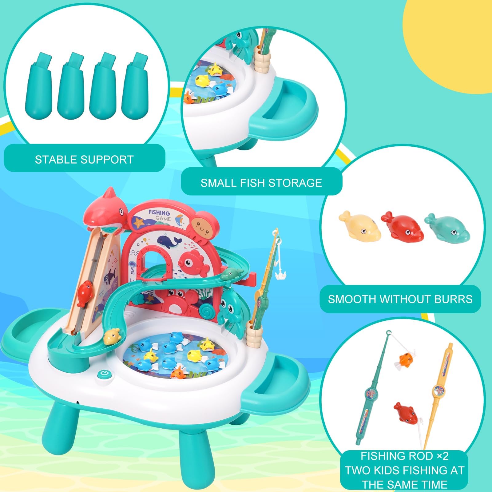 3 in 1 Kid Fishing Game Table with Race Track, Musical Fishing Toy Playset with Simulated Pond, 10 Fish - Image 3