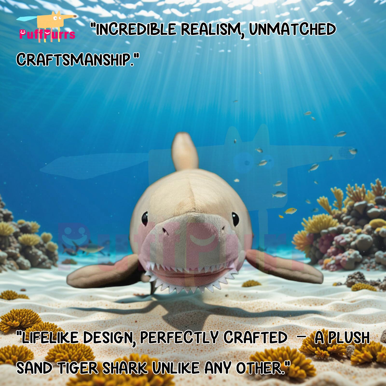 PuffPurrs Lifelike Sand Tiger Shark Plush Toy, Realistic Carcharias taurus Teddy Stuffed Animal - Image 4