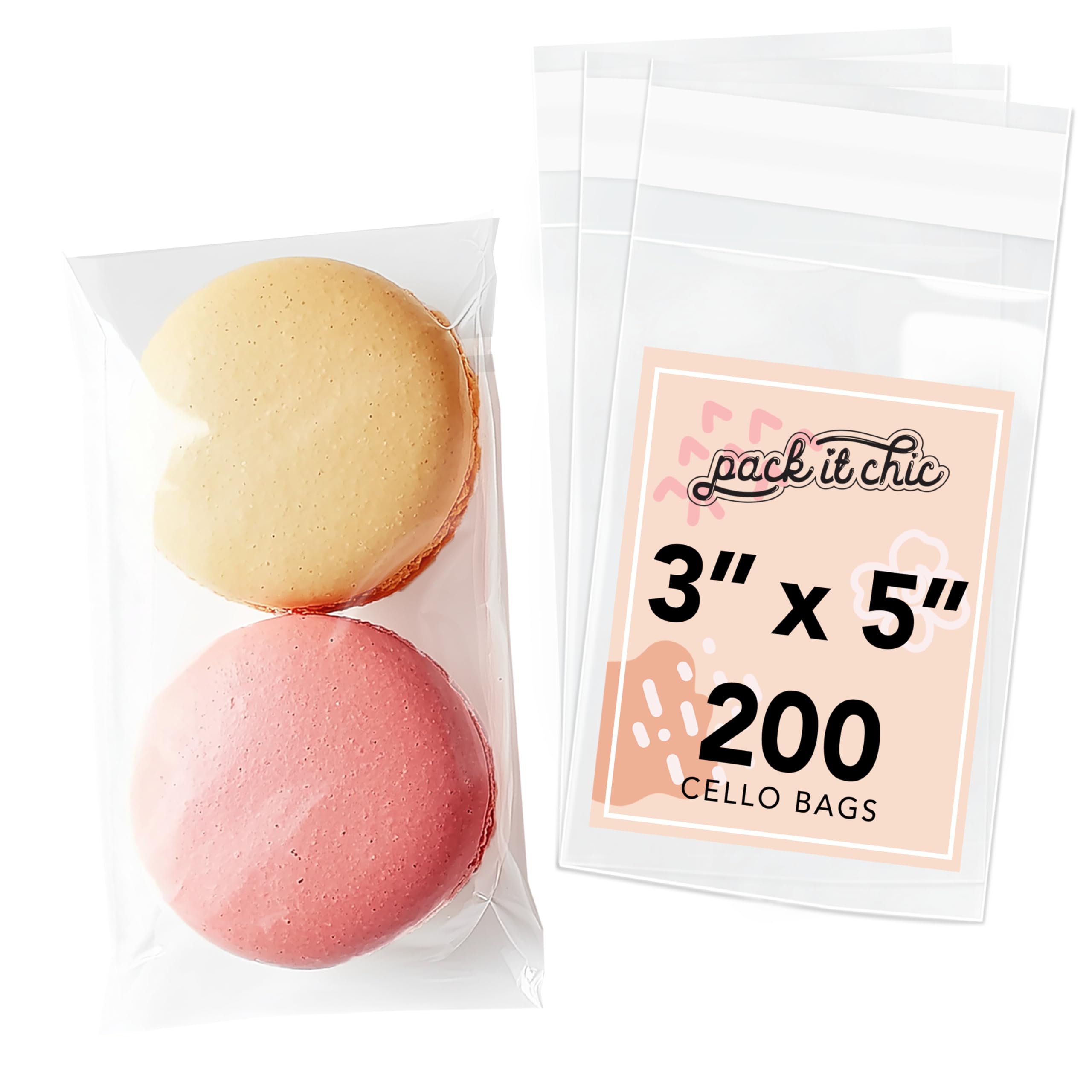 Pack It Chic - 3” X 5” (200 Pack) Clear Resealable Cello Poly Bags for Candy, Treats, and Party Favors - Self Seal