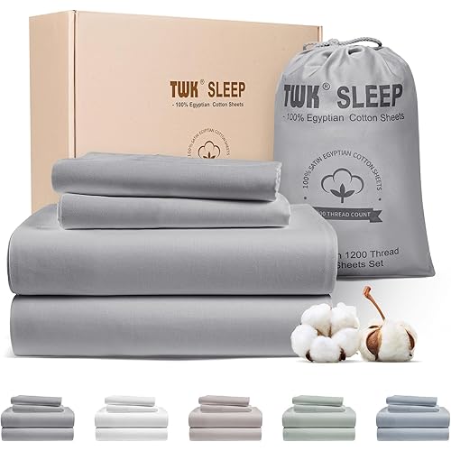 TWK 1200 TC 100% Egyptian Long-Staple Cotton Bedding Sheets Set, Luxury Hotel Style Deep Pocket with Elastic Reinforced Seams Sheet Set, Soft & Comfy Natural Sheets (Gray, King)