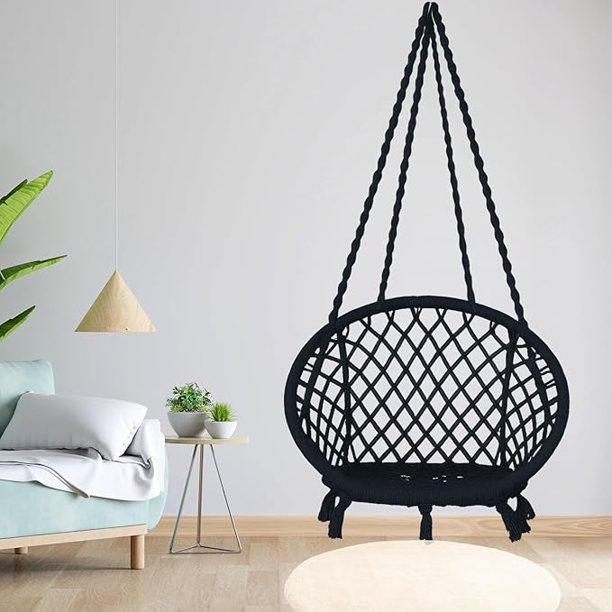 Pivalo Hanging Swing Chair Rope Hammock Cotton Jhula with Accessories 120kg Capacity Balcony Living Room Indoor Outdoor Suitable for Kids and Adults (Pack of 1, Black)