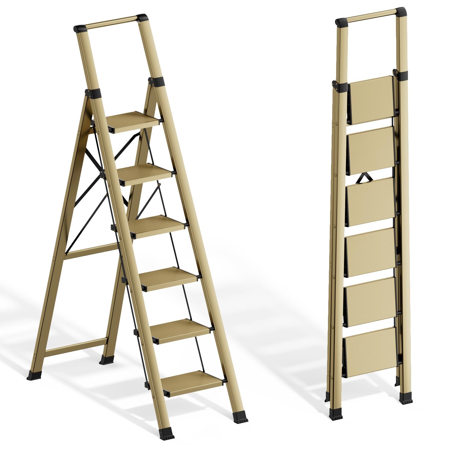 6 step ladder for 12 feet high ceiling, lightweight aluminum folding step stool with convenient handgrip, stepladders with anti-slip and wide pedal for home use space saving - gold