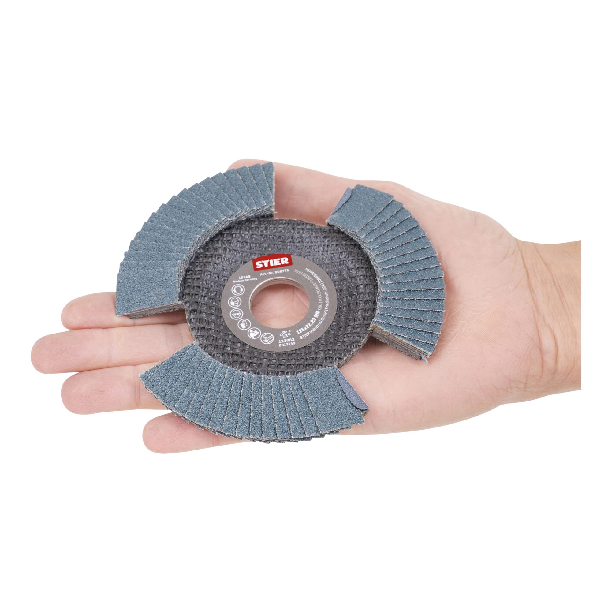 STIER Fächerschleifscheibe View Line 125 x 22,23 K60, für handelsübliche Winkelschleifer, Qualität für die Verarbeitung von Stahl, Fächer-Design für freie Sicht auf das Werkstück