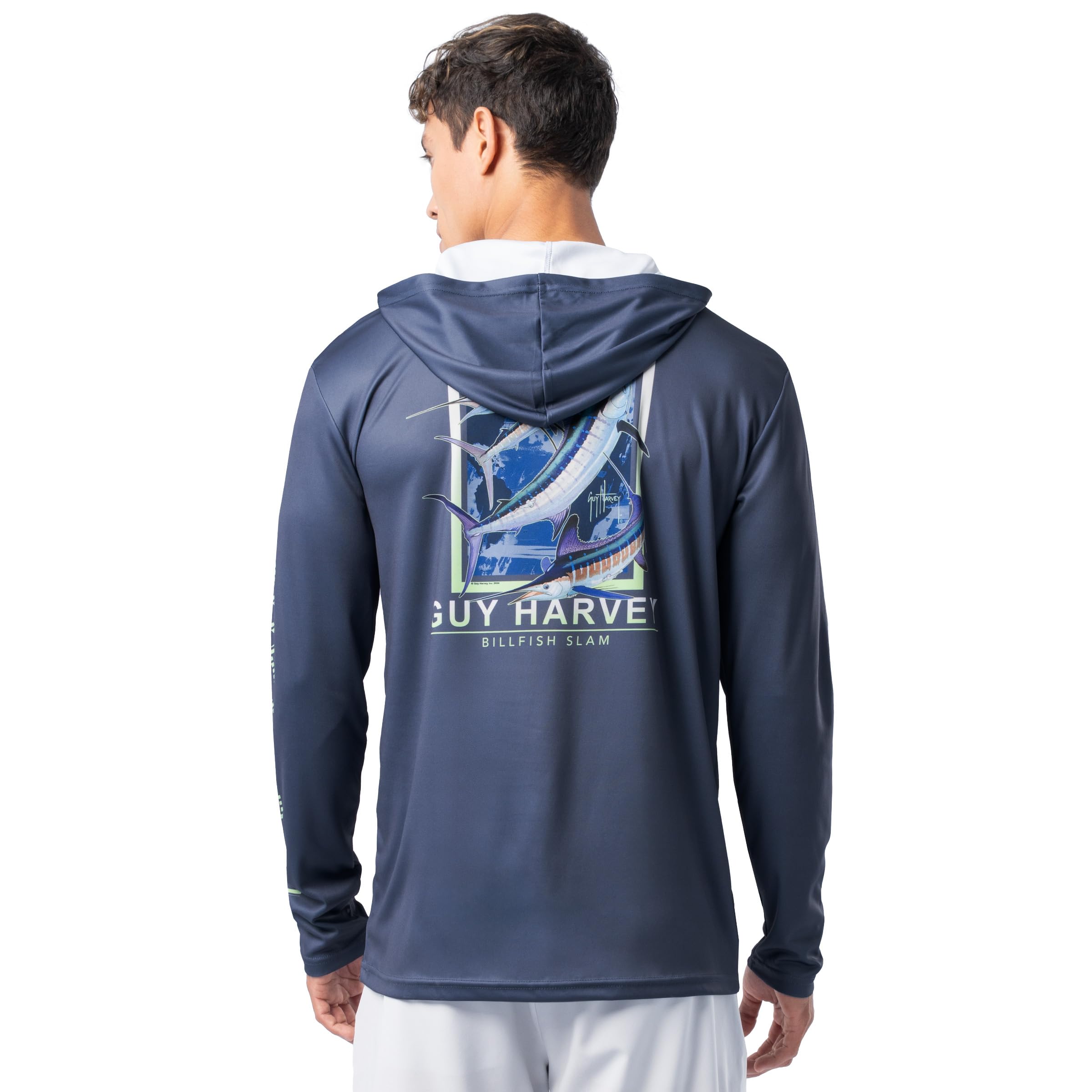 Guy Harvey Men's Crown Blue/Gh Sail Stripes Performance Upf 50 Sun Protection Hooded Tee, Xl
