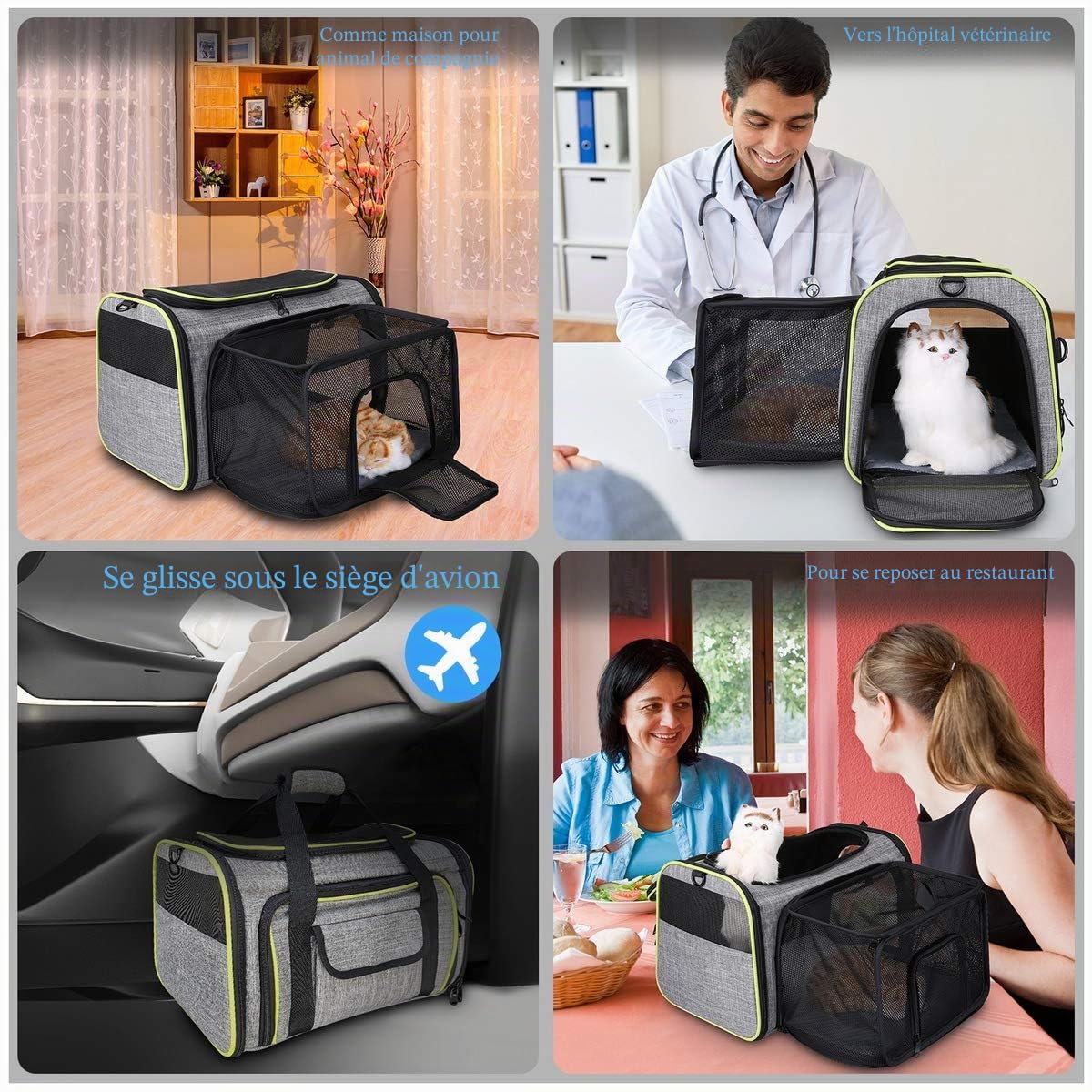 Sac de Transport Chat Chien Extensible et Autres Animaux de Compagnie, Filet Respirant, Spacieux, Pliable, avec Matelas en Peluche Amovible pour Voyage en Avion/Train/Voiture (43 * 28 * 28cm)