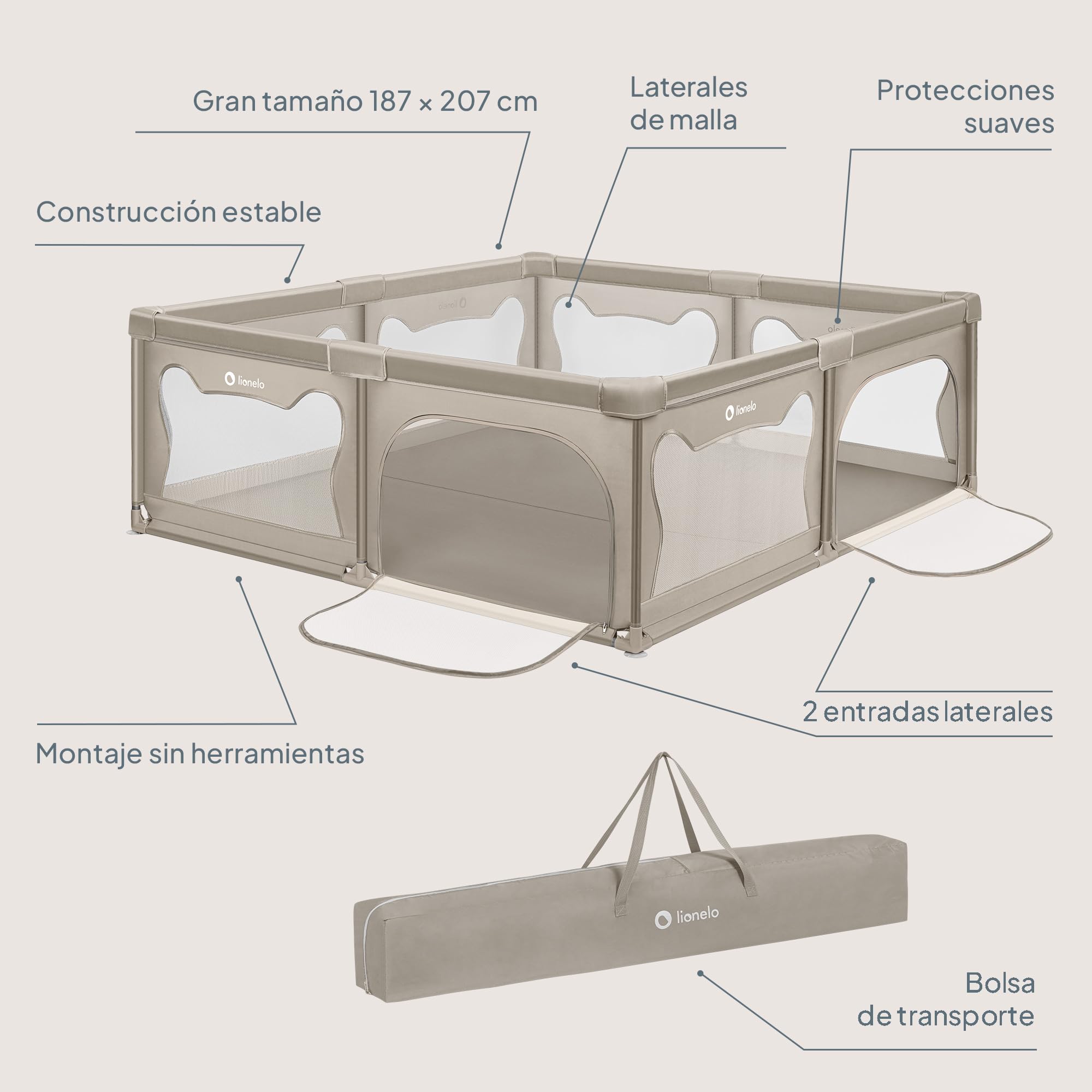 LIONELO Willow - Parque infantil XL, 0 – 48 meses, gran superficie 187x207x68 cm, con paredes de malla transpirable, 2 entradas laterales con cremallera, ideal para casa y jardín, fácil montar (Beige)