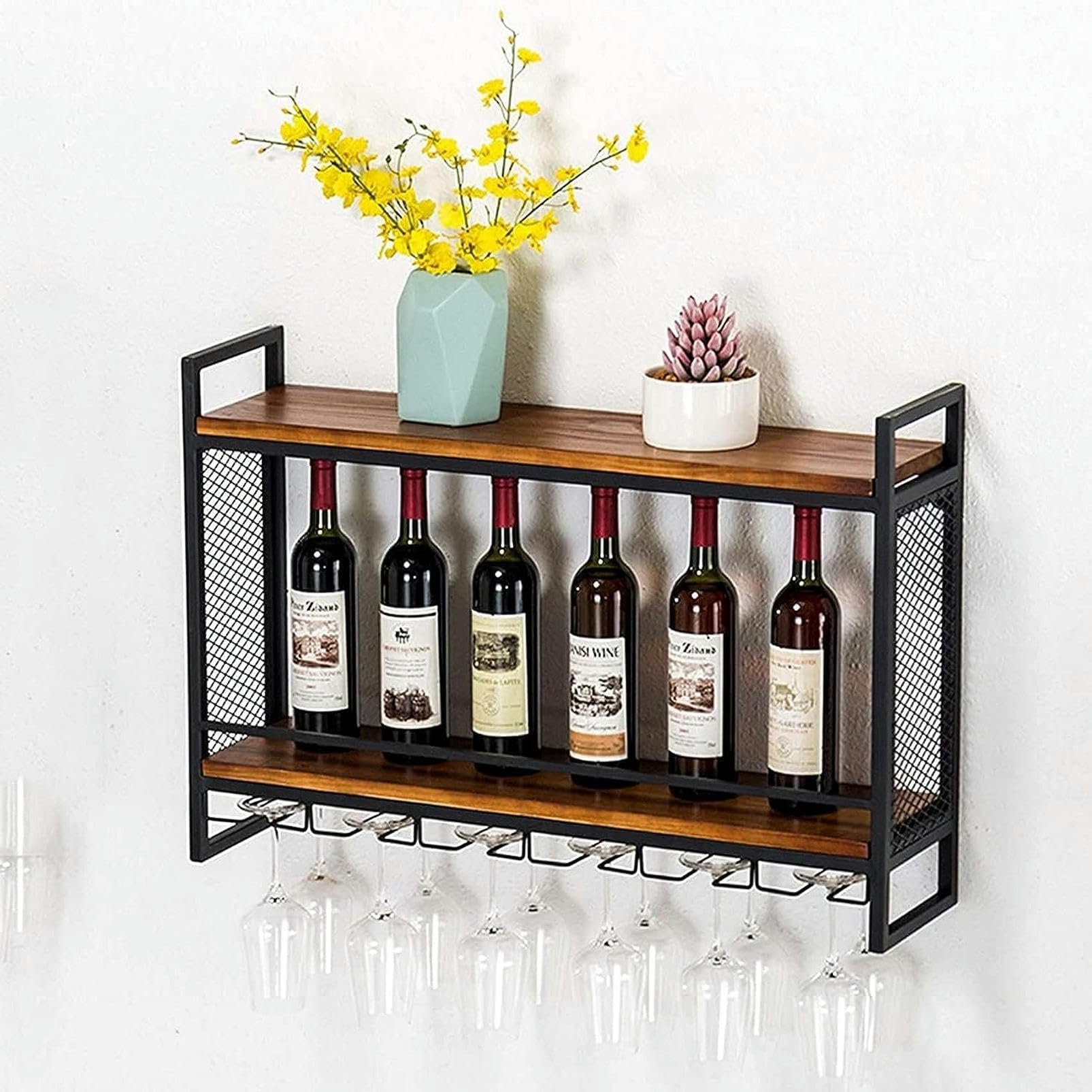Casier à vin suspendu bois noir déco maison pour rangement verre à pied