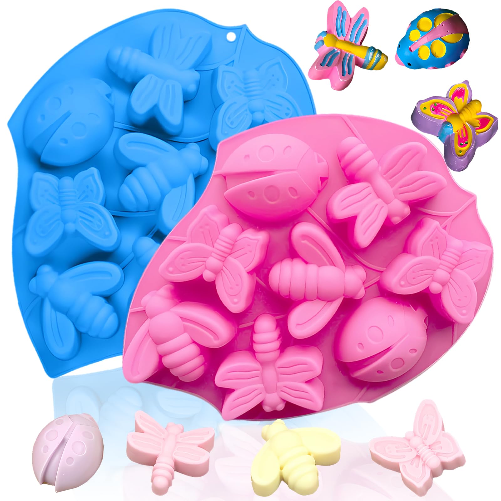 2Pcs Silicone Soap Molds, 8-Cavity Insect Silicone Molds Dragonfly Butterfly Ladybug Bee Shape Silicone Molds for Wax Melts,Soap,Chocolate,Cookie,Muffin