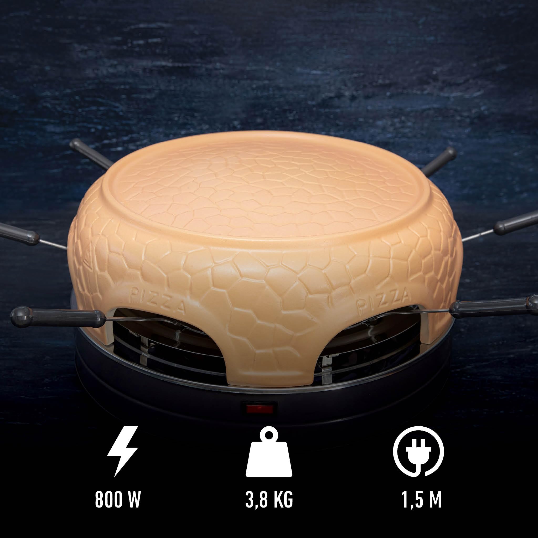Gastronoma Four à pizza - Four à pizza avec dôme en terre cuite pour 6 personnes - Dôme à pizza - 1000 Watt - Préparation en 5-7 minutes - avec accessoires - Dôme plat