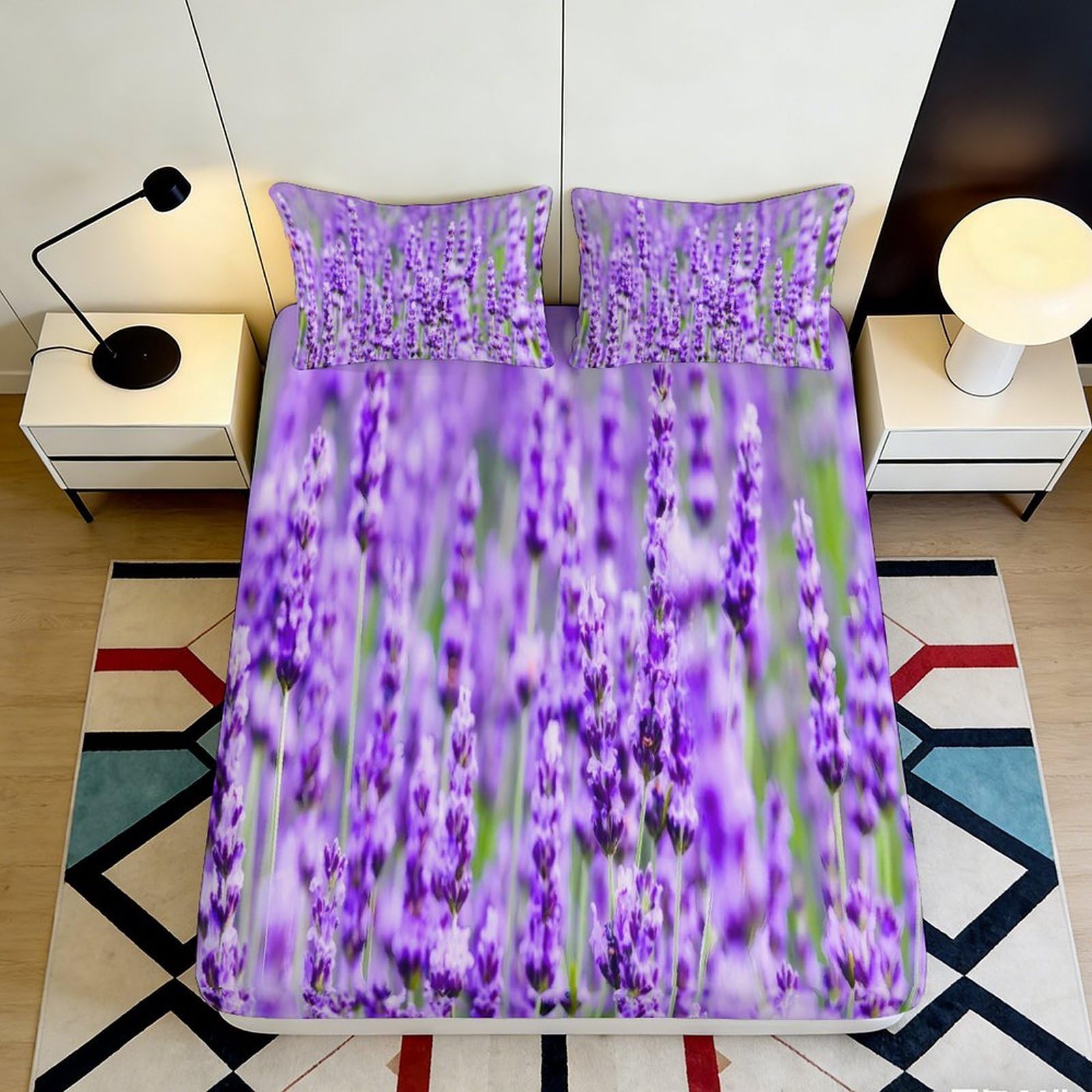 3D Printed Lavender Field Fitted Sheet Microfiber Soft Breathable Purple Blossom Mattress Cover for Bedroom Guest Room Decor 120x200cm 160x200x25cm