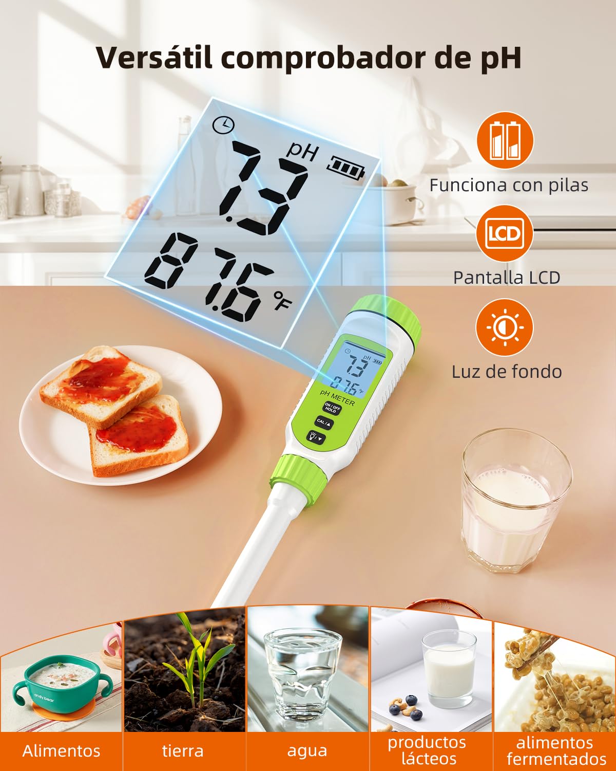 Tadeto Medidor de pH digital multifuncional para alimentos, kit de prueba de pH del suelo del jardín de alta precisión con pantalla LCD ℃/℉ para la planta/solución, agua y alimentos (Verde)