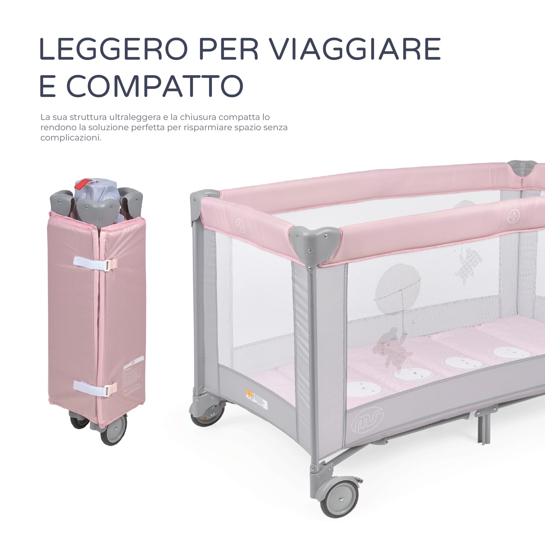 ms Baby World - Lettino da viaggio 120 x 60 cm, per bebè, incluso materasso e borsa per il trasporto, da 0 + mesi fino a 15 kg, facile da piegare e da montare, leggero e stabile