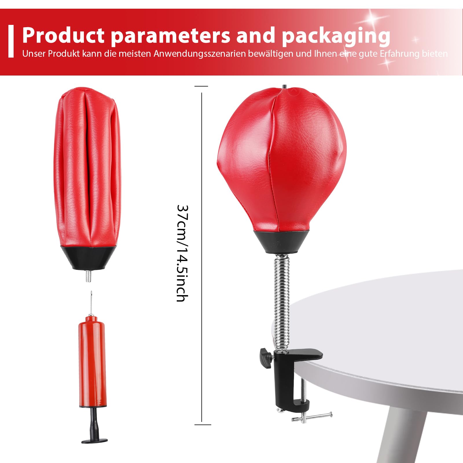 HOMURY Sacco da Boxe da Scrivania Con Morsetto: Mini Antistress Con Pompa Ad Aria, da Tavolo o in Piedi, 37 x 16 cm, Rosso