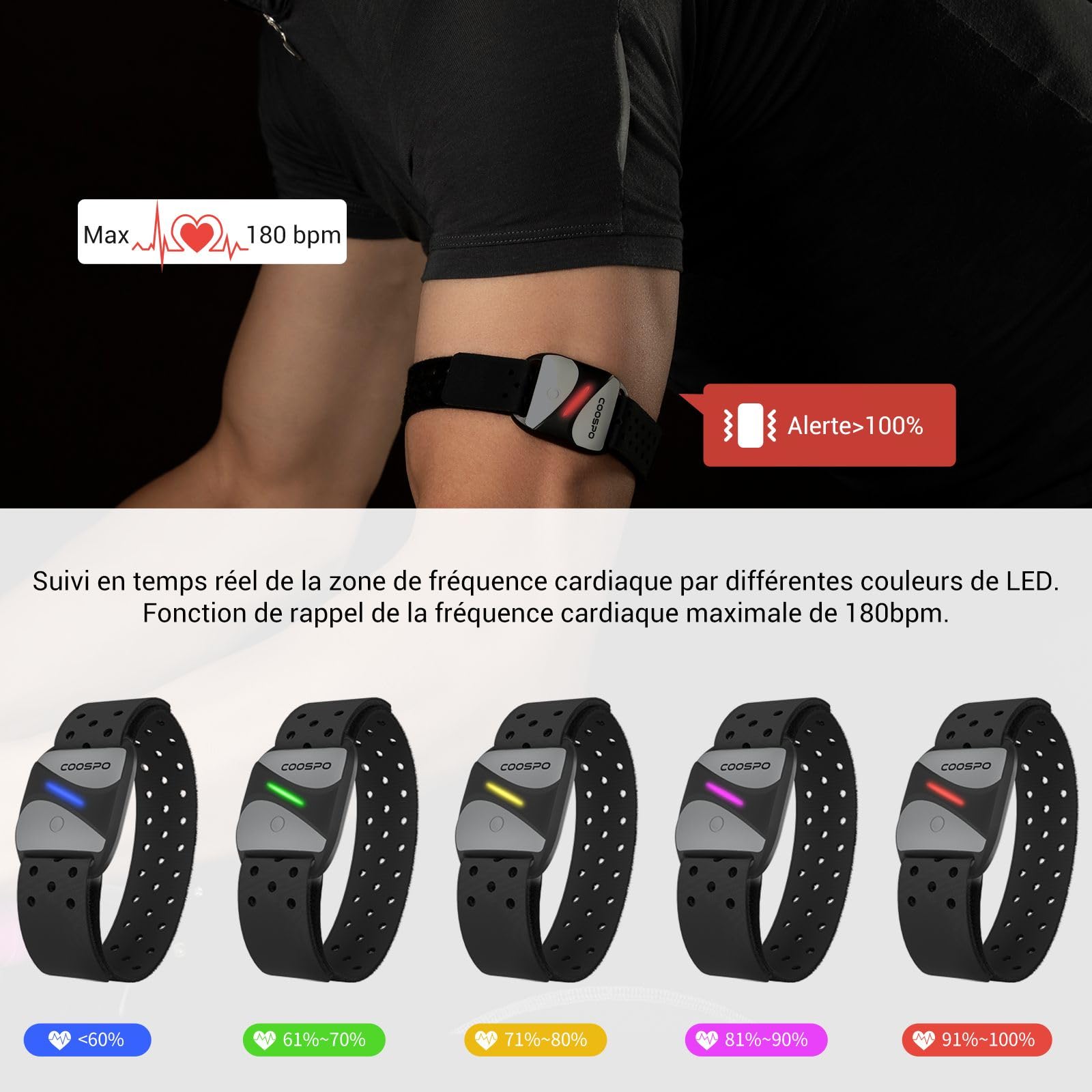 COOSPO HW807 Fréquence Cardiaque Brassard Bluetooth 5.0 Ant+ avec HRV Zone d'entraînement de Fréquence Cardiaque Compatible avec Strava/CoospoRide/Heartool/Wahoo/adidas