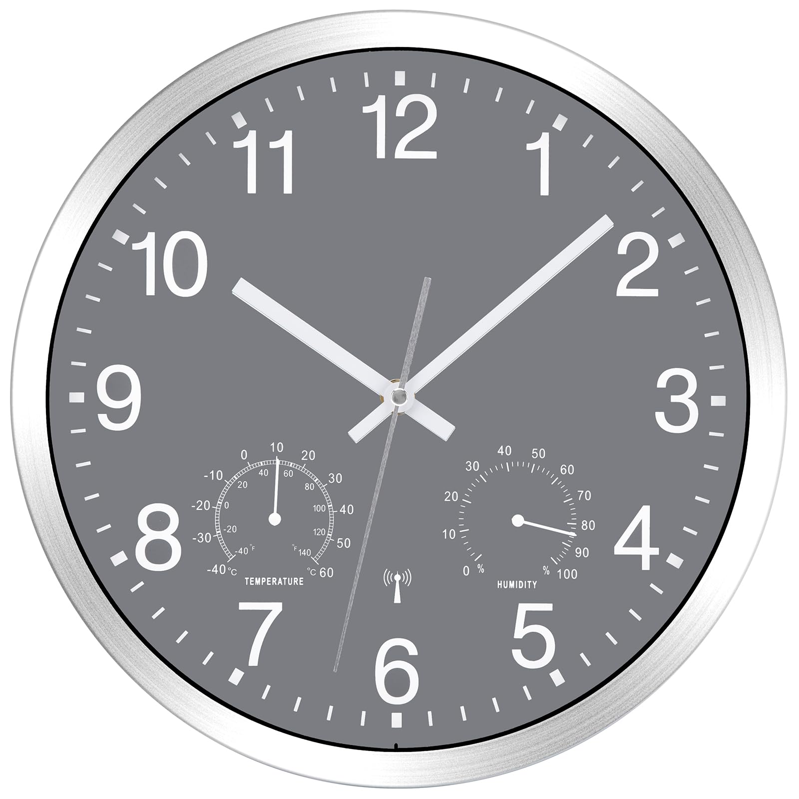 NESIFEE Wanduhr Funk Uhr mit Temperaturanzeige und Feuchtigkeitsmesser Funkuhr Wanduhr Lautlos Wand Ohne Tickgeräusche Leis Kein Ticken Grau gut Lesbar 30 cm für Wohnzimmer Büro Küche