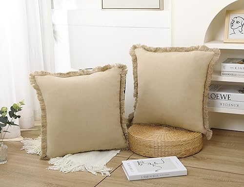 Miniatura 7 de Juego de 2 fundas de almohada de lino natural con flecos, funda de almohada lumbar neutra verde oliva decorativa con borlas elegantes fundas de