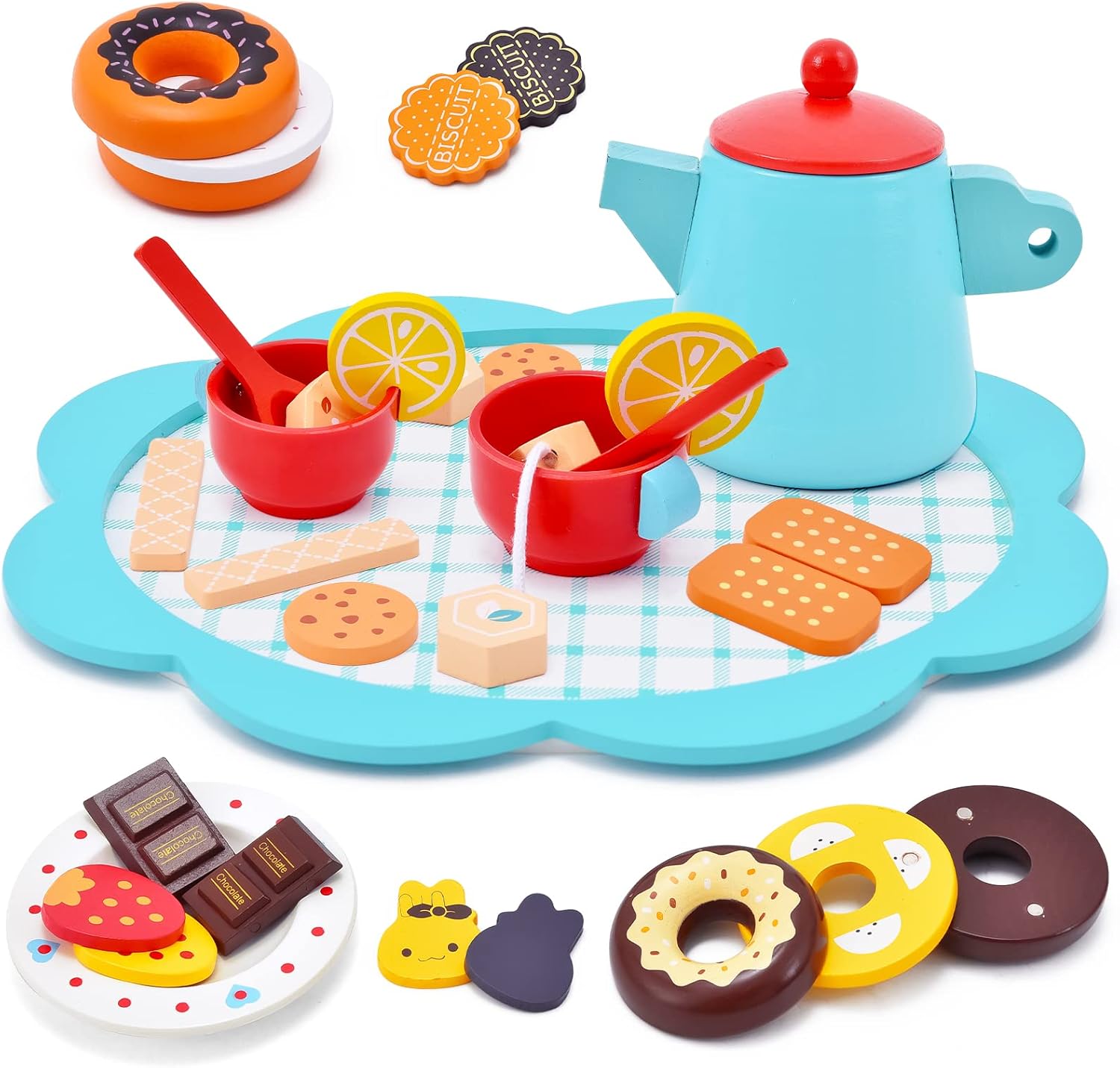 Atoylink Juego de té para niños Juguetes de Madera Servicio de té Cocina Juguete Tetera Comida Juguete Magnéticos Galletas Juego de rol Juegos de imitación Regalo para Niños Niñas 3 4 5 6 7 años