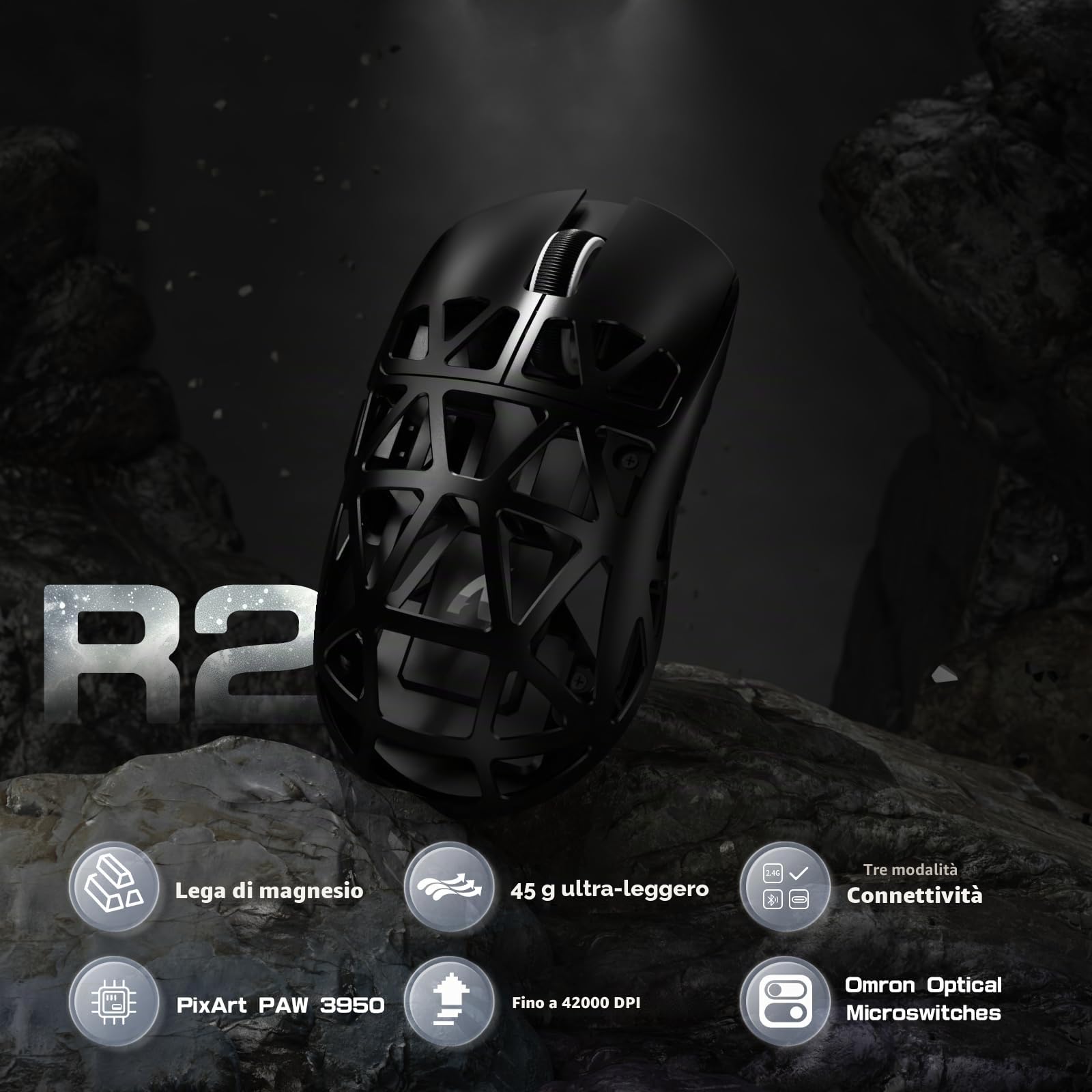 ATTACK SHARK R2PRO 45g SUPERLIGHT Gaming Mouse in Lega di Magnesio, PixArt PAW3950, 42000DPI, Wireless 8000Hz Tasso di Polling, G502 Mouse da Gioco, 2.4G/BT/Cablato, con Cavo a Spirale, PC/Mac, Nero