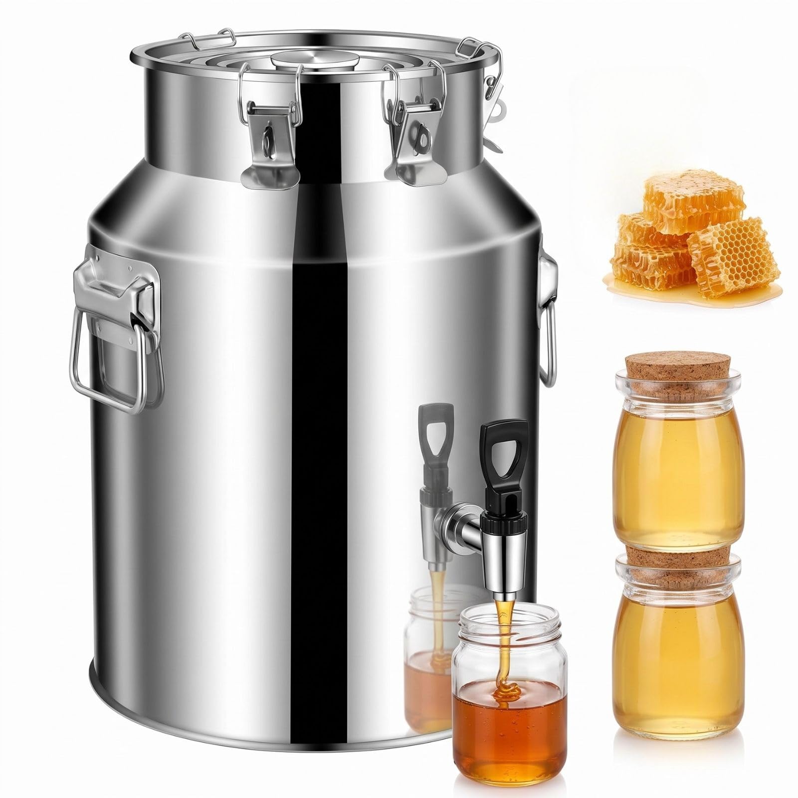 304 Edelstahl Kanne mit Versiegeltem Deckel, Luftdichte Milchkanne mit Hahn | Auslaufsichere Milcheimer für Wasser Wein Öl Honig, Edelstahleimer Eimer für Küche und Bauernhof(With Spigot,35L/9.25Gal)