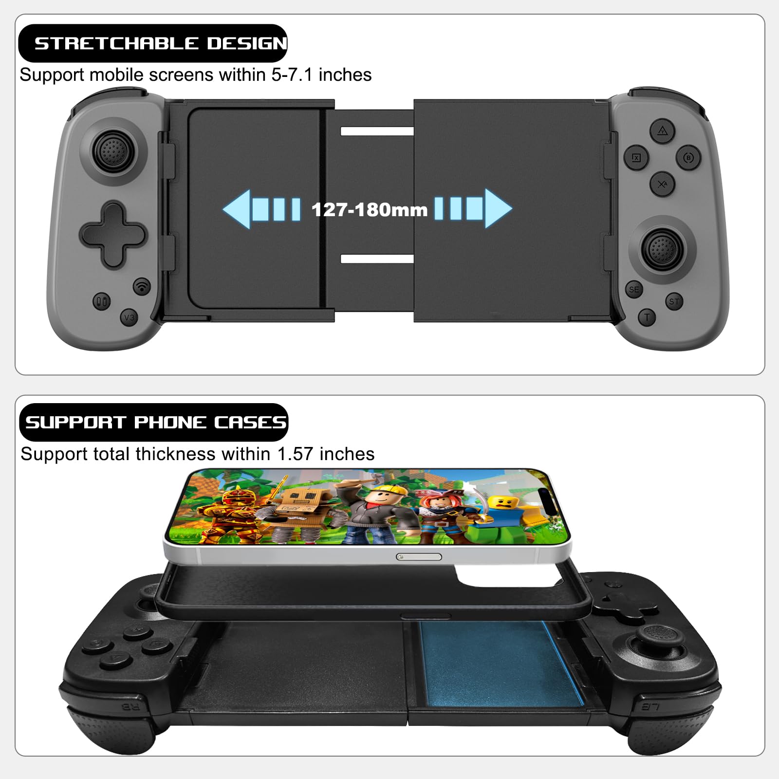 arVin Controlador de juegos móvil para iPhone, Android con soporte para funda de teléfono, gamepad inalámbrico para iPhone/iPad/Samsung/Tablet/Switch/PS4/PC - Juega Xbox Cloud Gaming/PS Remote Play