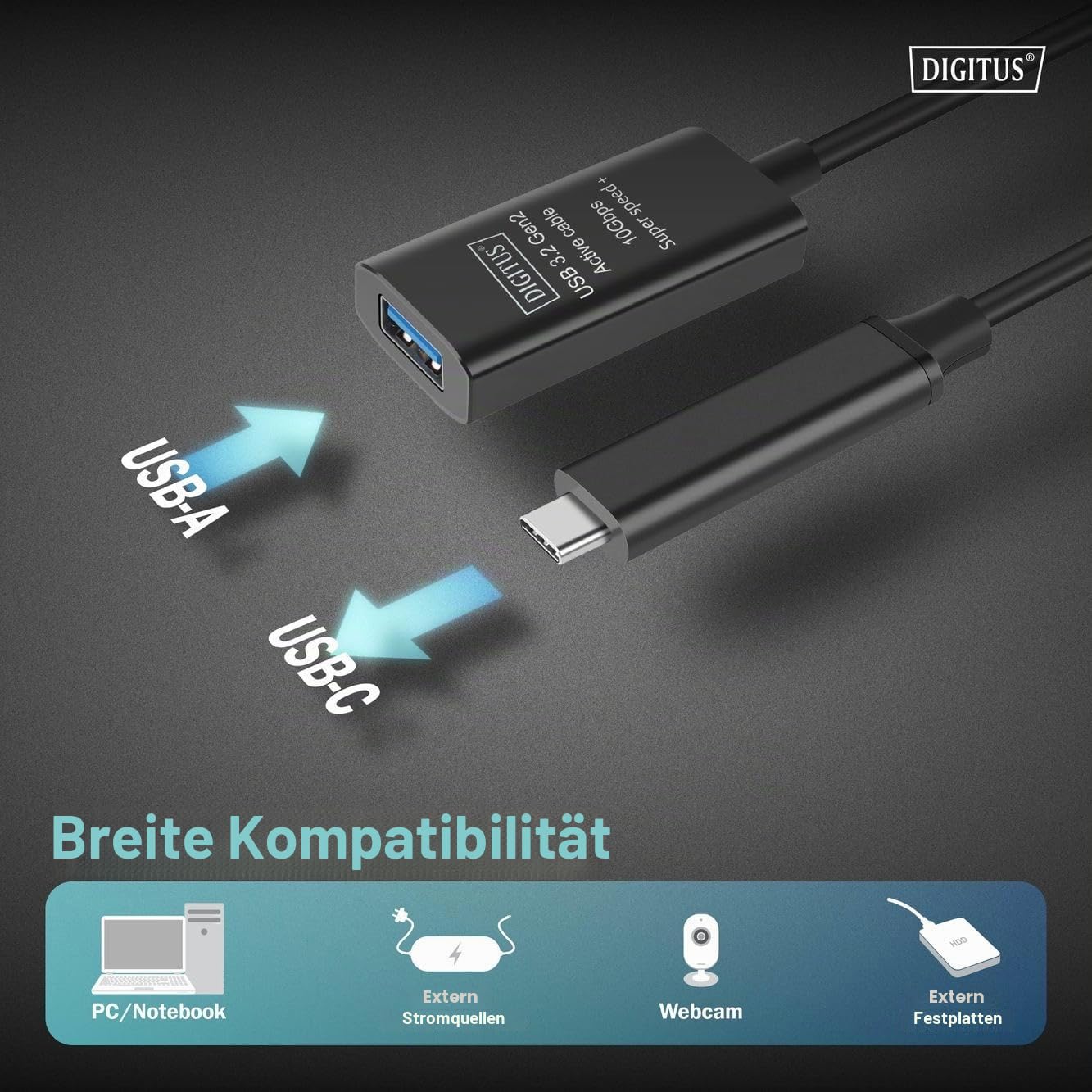 DIGITUS Aktives USB 3.2 Gen2 Verlängerungskabel – 5 m – 10 Gbit/s | USB-C Stecker auf USB-A Buchse – Repeaterkabel – Plug und Play – Schwarz