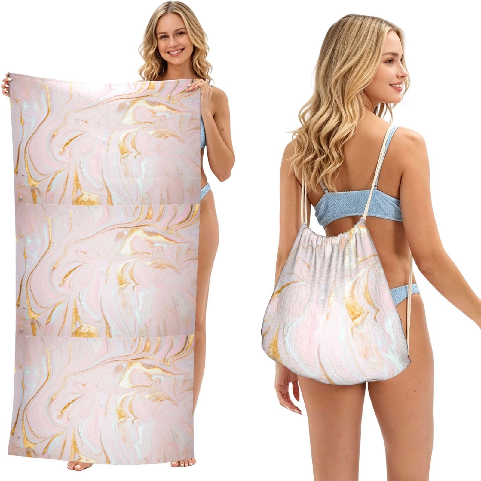 Poadnly As Picture Pastel Marbling Fitted, 2 In 1 Packable Towel Bag, Beach Towels With Drawstring Backpack For Travel Holiday Camping
