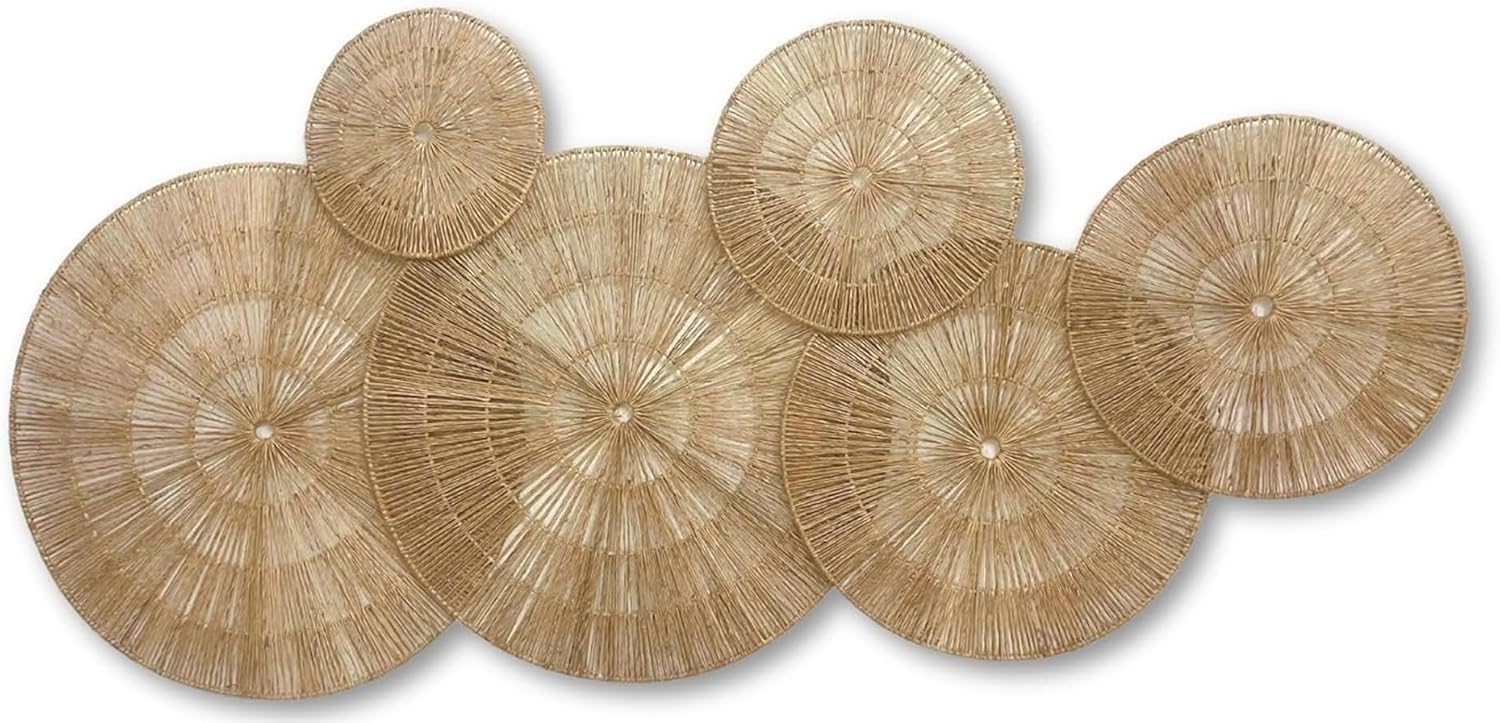 Wicker Wall Decor 6 pieces,Jute Flat Baskets,Woven Wall Art for Above Bed Decoration,Boho Decorative Wall Plate With Metal Frame