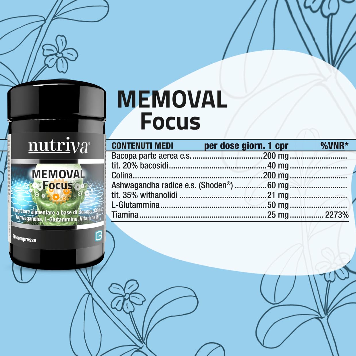 NUTRIVA Memoval Focus, Integratore alimentare a base di Bacopa, Colina, Ashwagandha, L-Glutammina, Vitamina B1. Utili al mantenimento della memoria e al benessere mentale. 30 compresse.