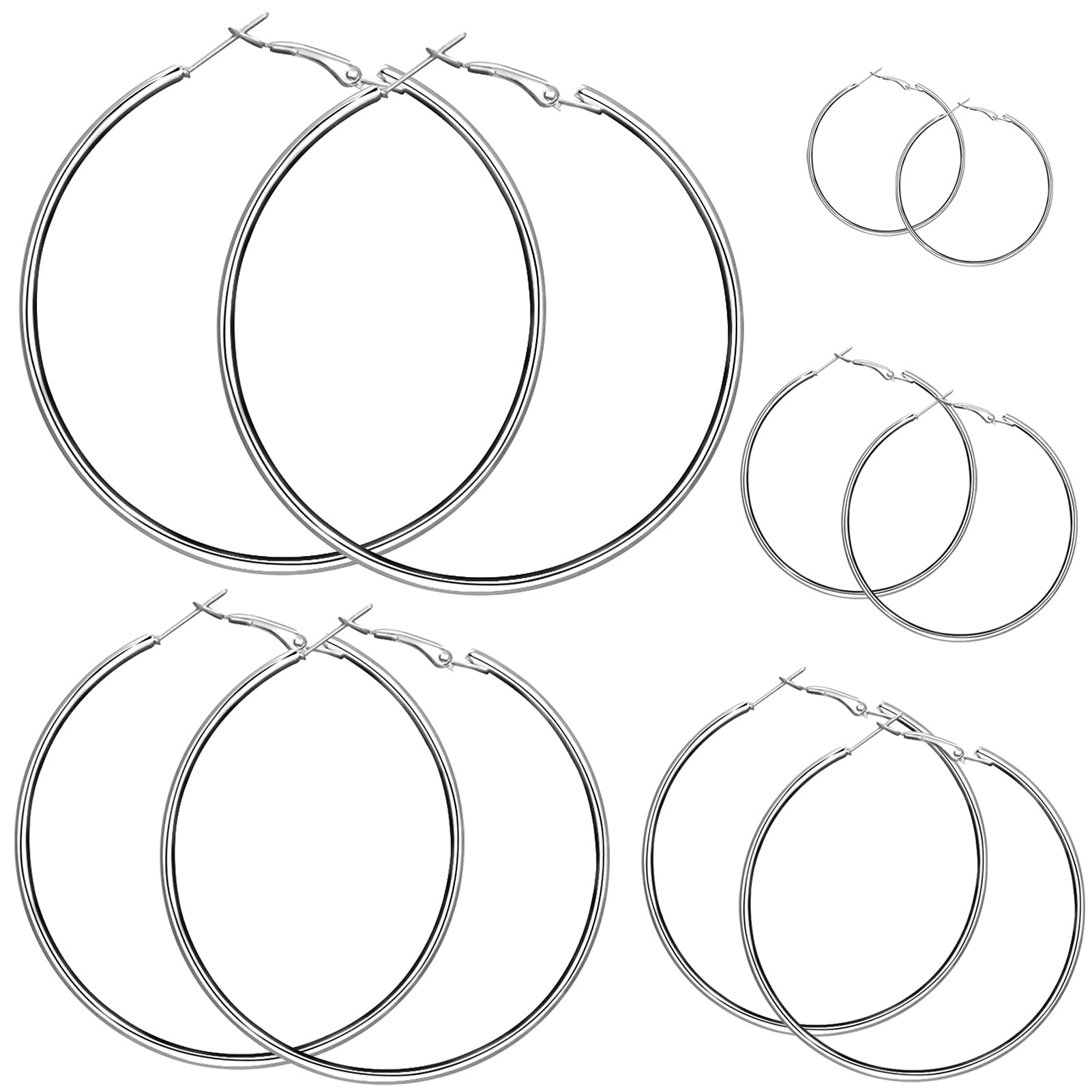 5 Pairs Big Hoop Earrings, Sliver Metal Hoop Earrings with different Size for Women Girls