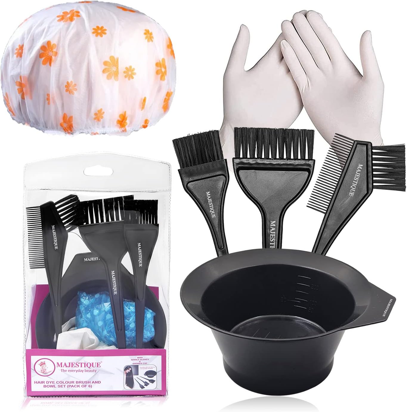 Majestique 6-Piece Hair Dye Brush Coloring Kit with Brush, Tinting Bowl, Coloring Cape, and Gloves for Hair Dyeing and Bleaching
