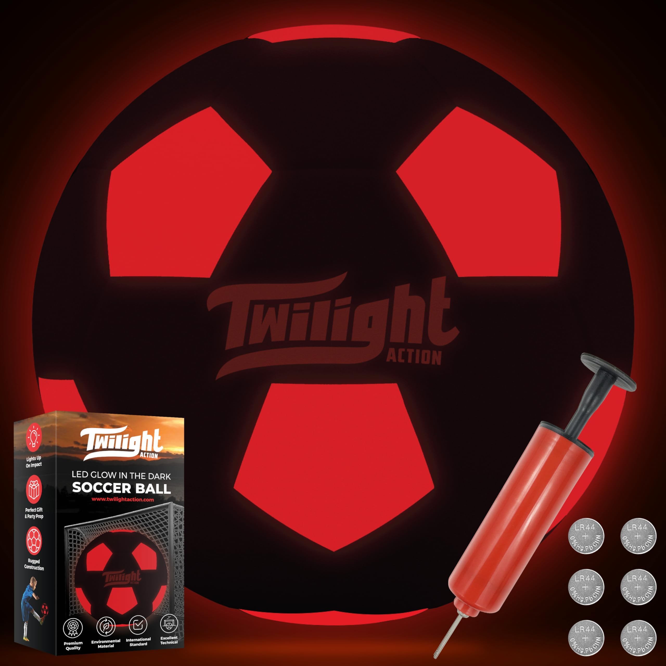 TWILIGHT ACTION Glow in The Dark Soccer Ball Size 5 - for Nighttime Play, Kids, Youth, Adults - BPA-Free, Complete Kit w/Box - Includes Light Up Ball, Pump, Batteries, Replacement Tool