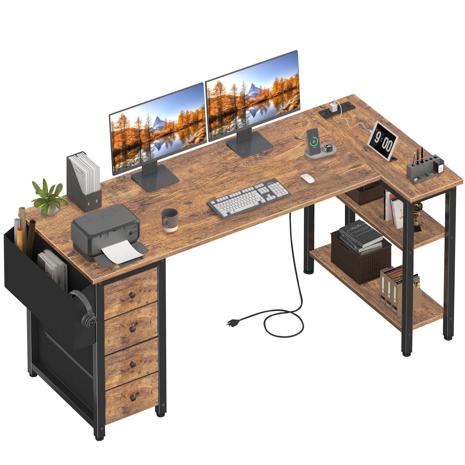 Lufeiya L Shaped Computer Desk with Drawers & Storage Shelves, 63 Inch Corner Desk with Power Outlet for Home Office Bedroom, L-Shaped Teen PC Gaming