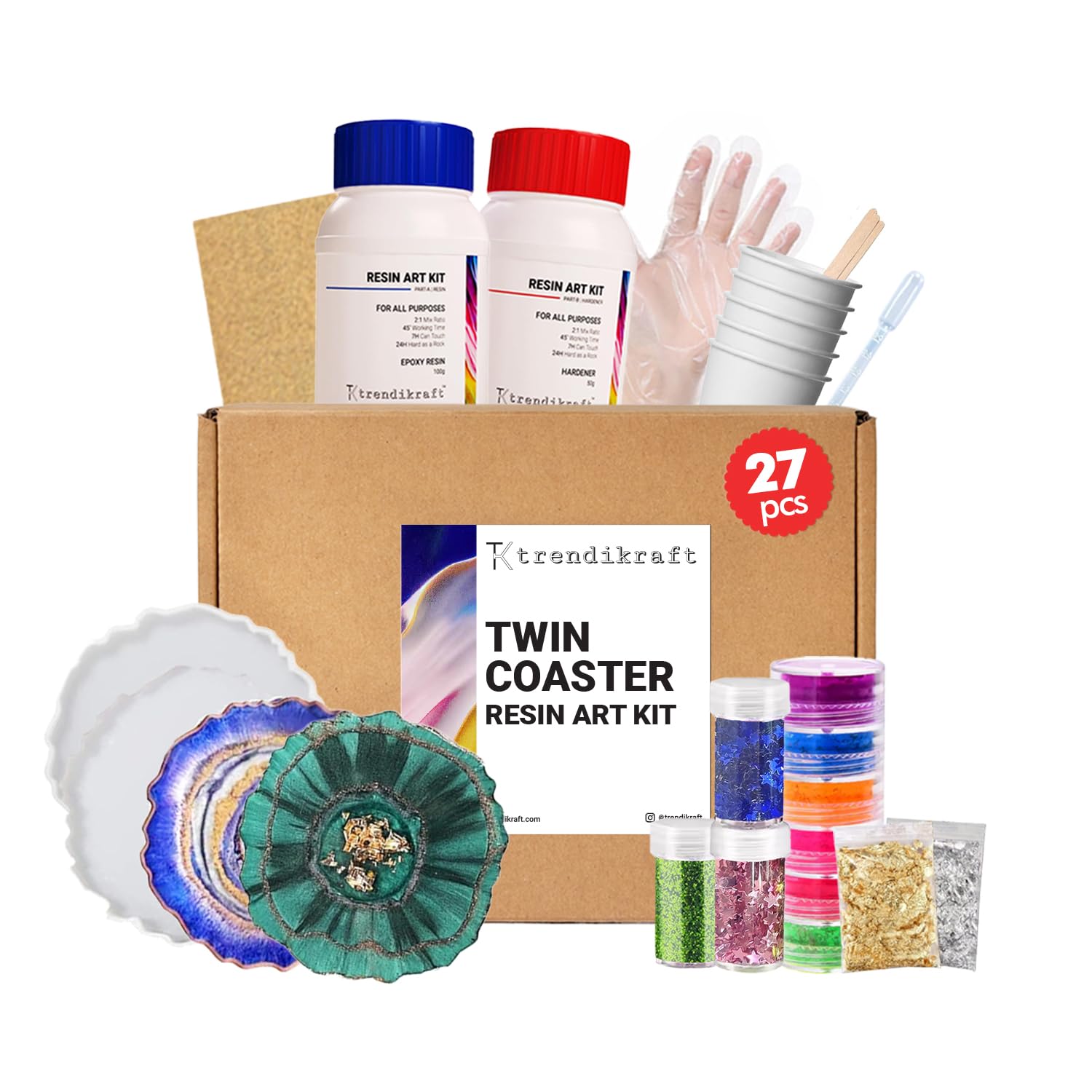 TRENDIKRAFT 27pcs DIY Twin Coaster Epoxy Resin Art Materials Kit for Making 4" Coasters with Silicone Moulds, Glitters, Flakes, Color Pigments and More for Beginners (2:1 Raisin to Hardener, 150gm) (B0CQJWV4PD) Amazon Price History, Amazon Price Tracker