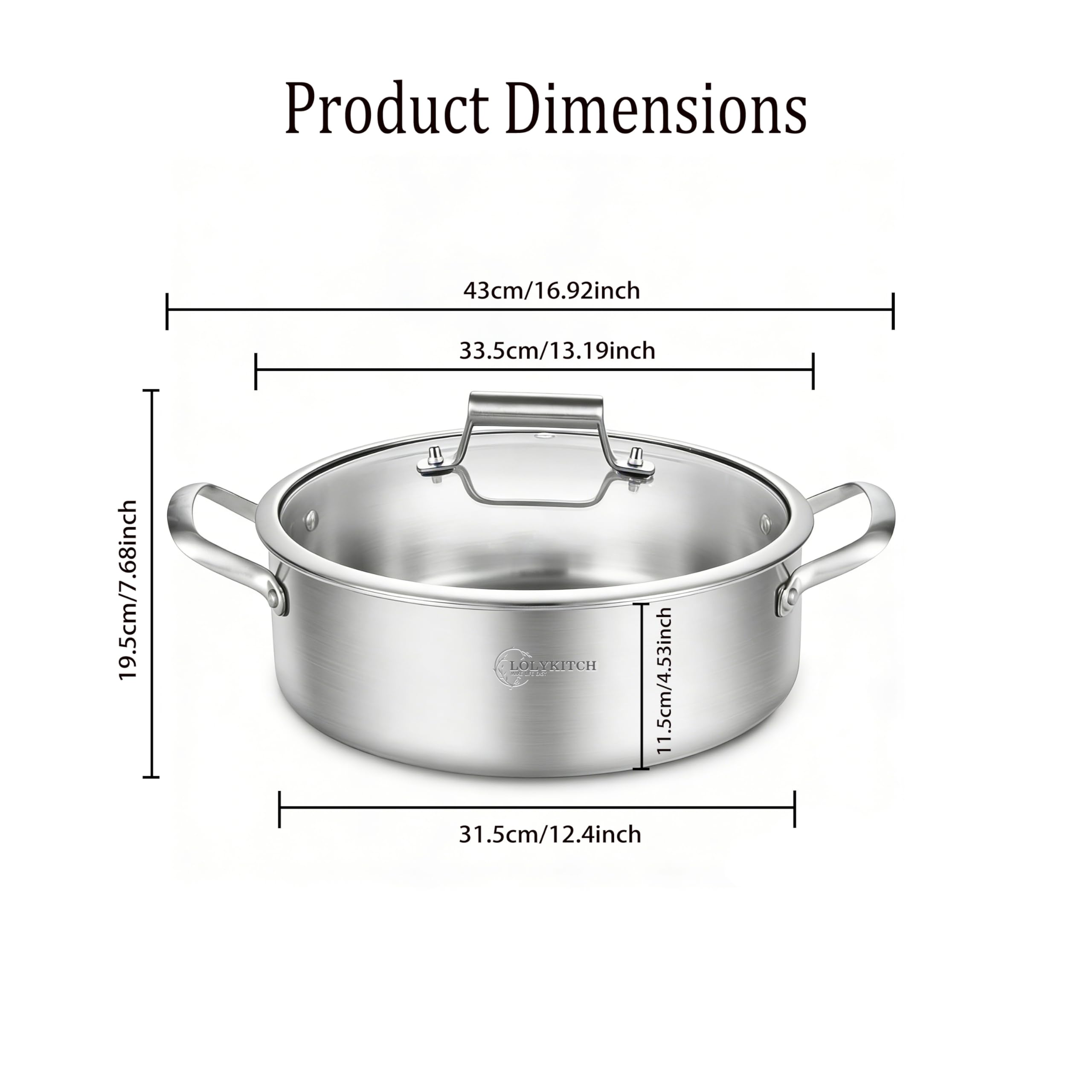 LOLYKITCH Sartén de acero inoxidable de tres capas de 8 cuartos con tapa, sartén de 13 pulgadas de profundidad, sartén grande, olla jumbo, olla de inducción, apto para lavavajillas y horno.
